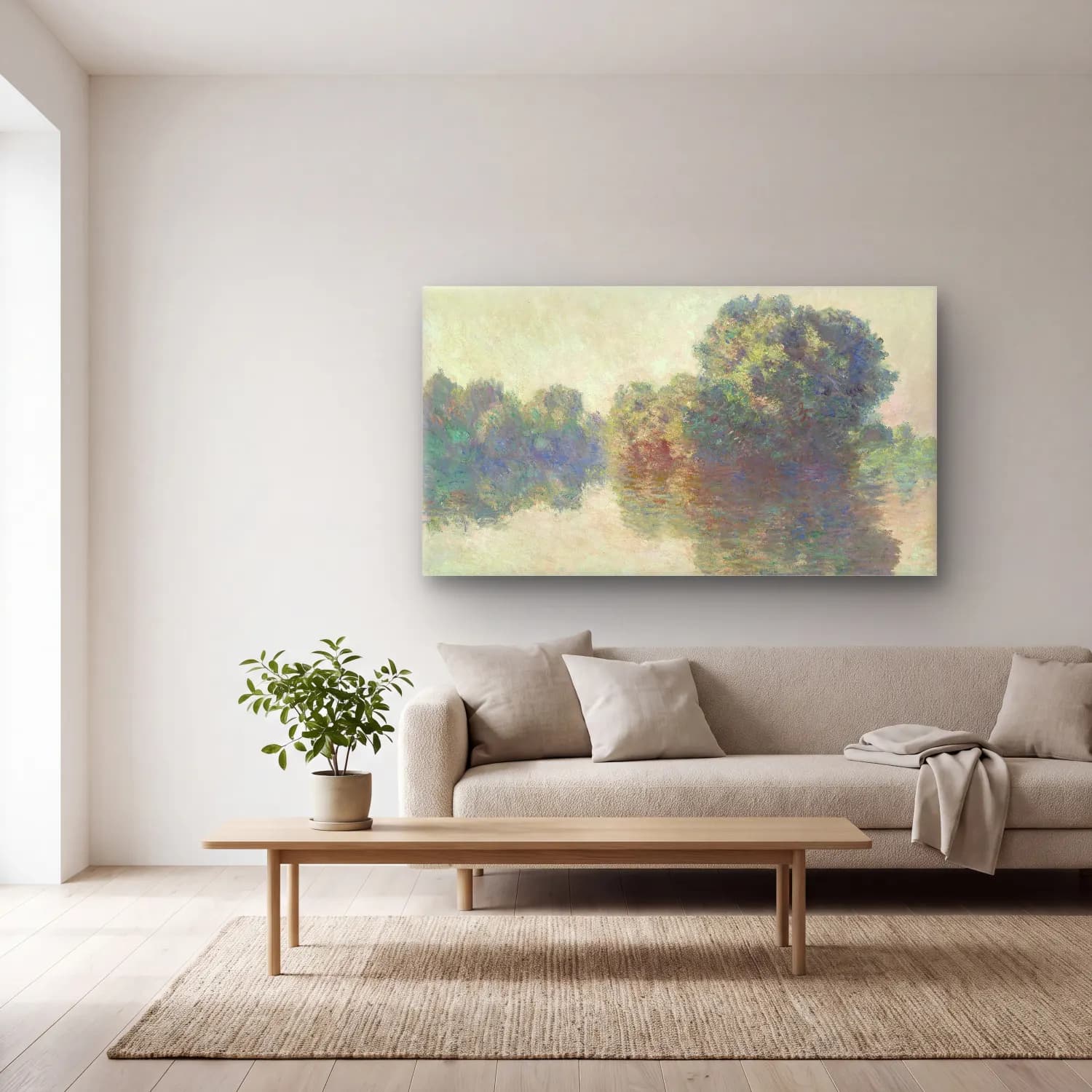 Claude Monet – The Seine at Giverny cam tablo — açık renk salonda