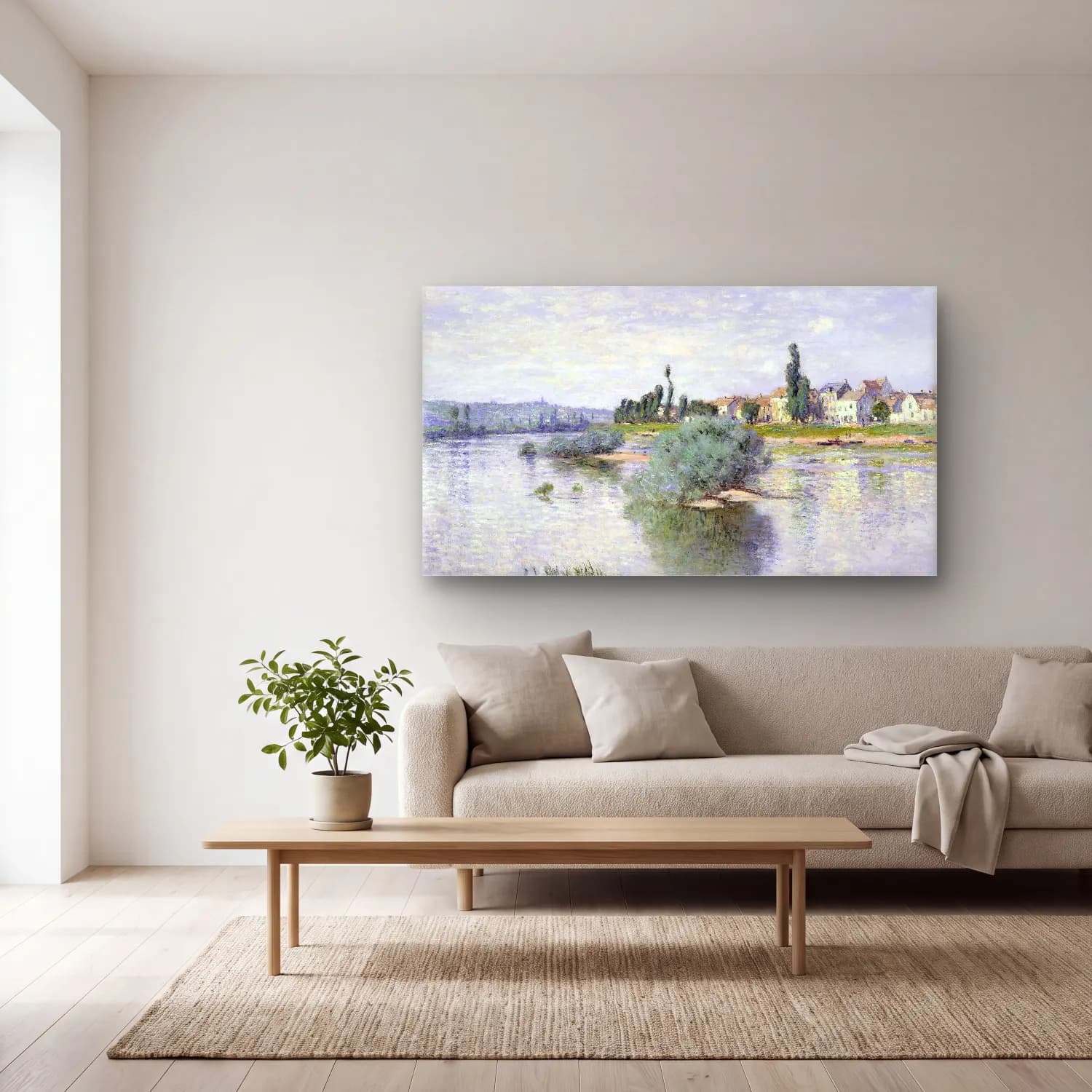 Claude Monet – The Seine at Lavacourt – Bej Tonlar cam tablo — açık renk salonda