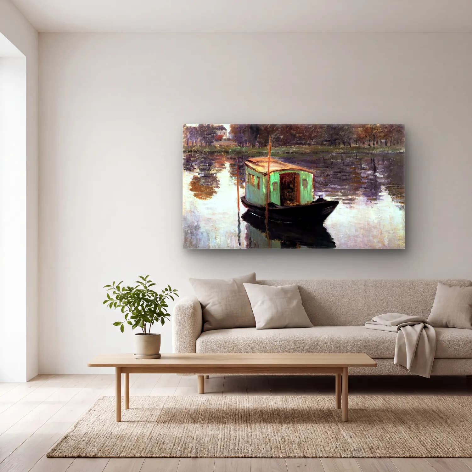 Claude Monet – The Studio Boat cam tablo — açık renk salonda
