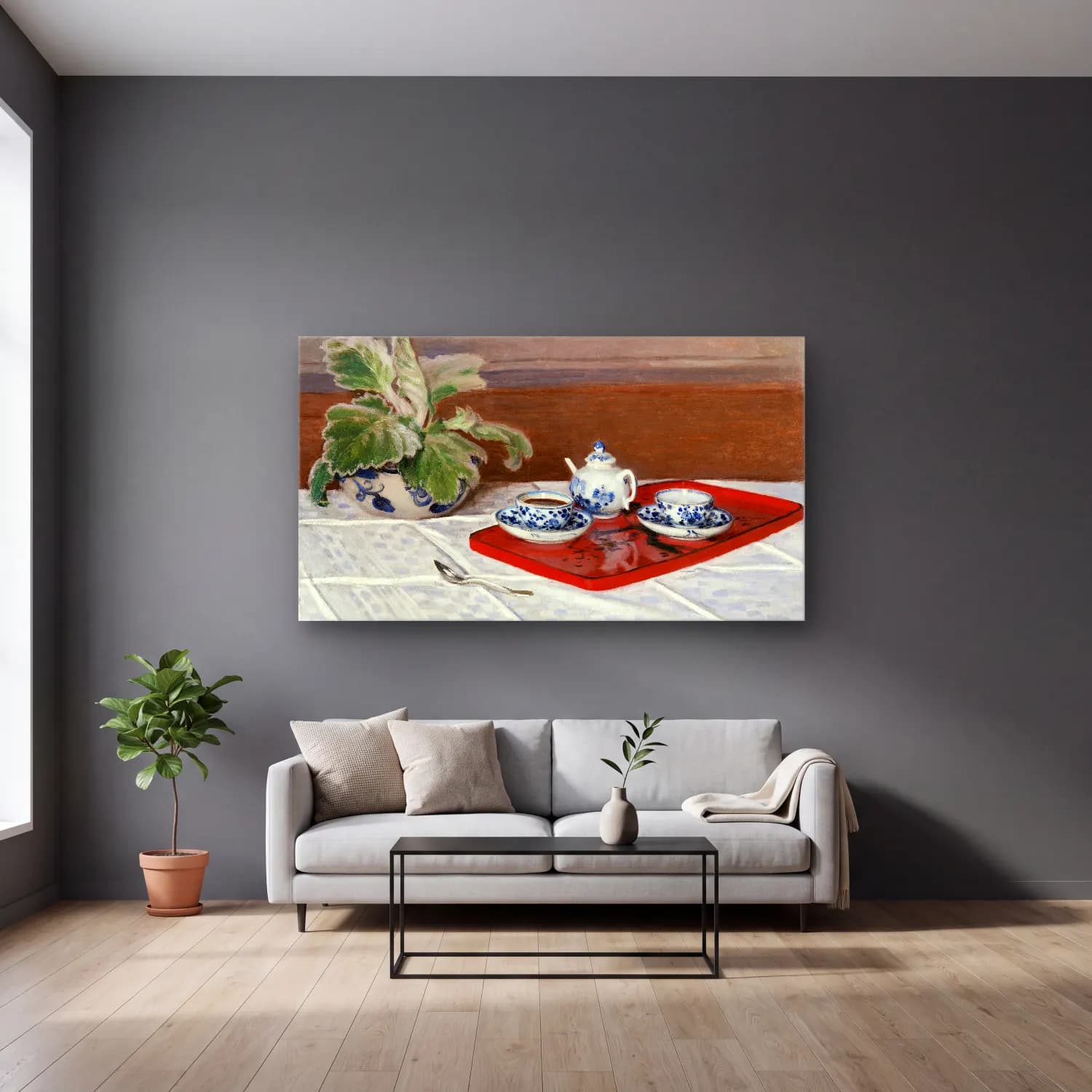 Claude Monet – The Tea Set cam tablo — gri duvarlı salonda