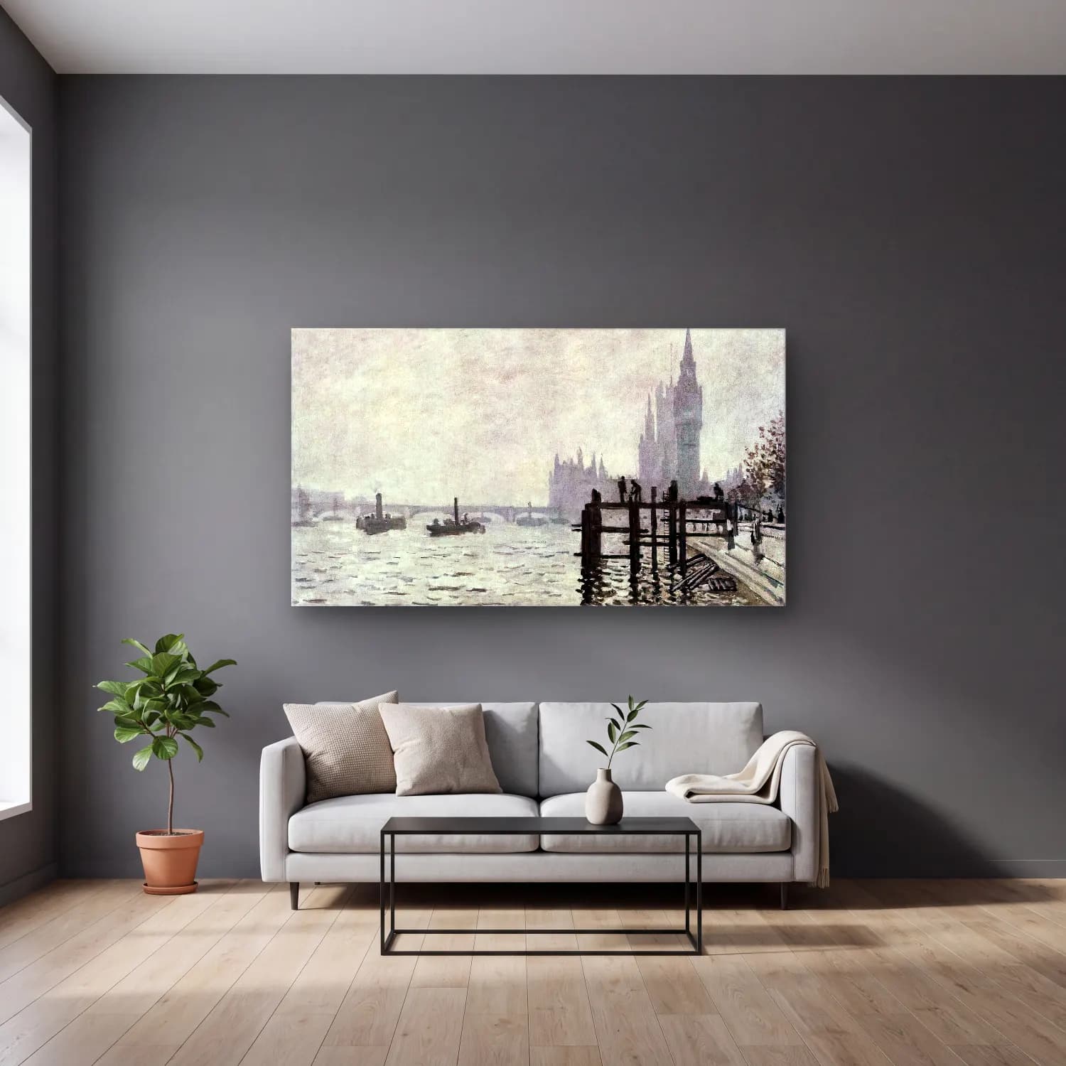 Claude Monet – The Thames below Westminster cam tablo — gri duvarlı salonda
