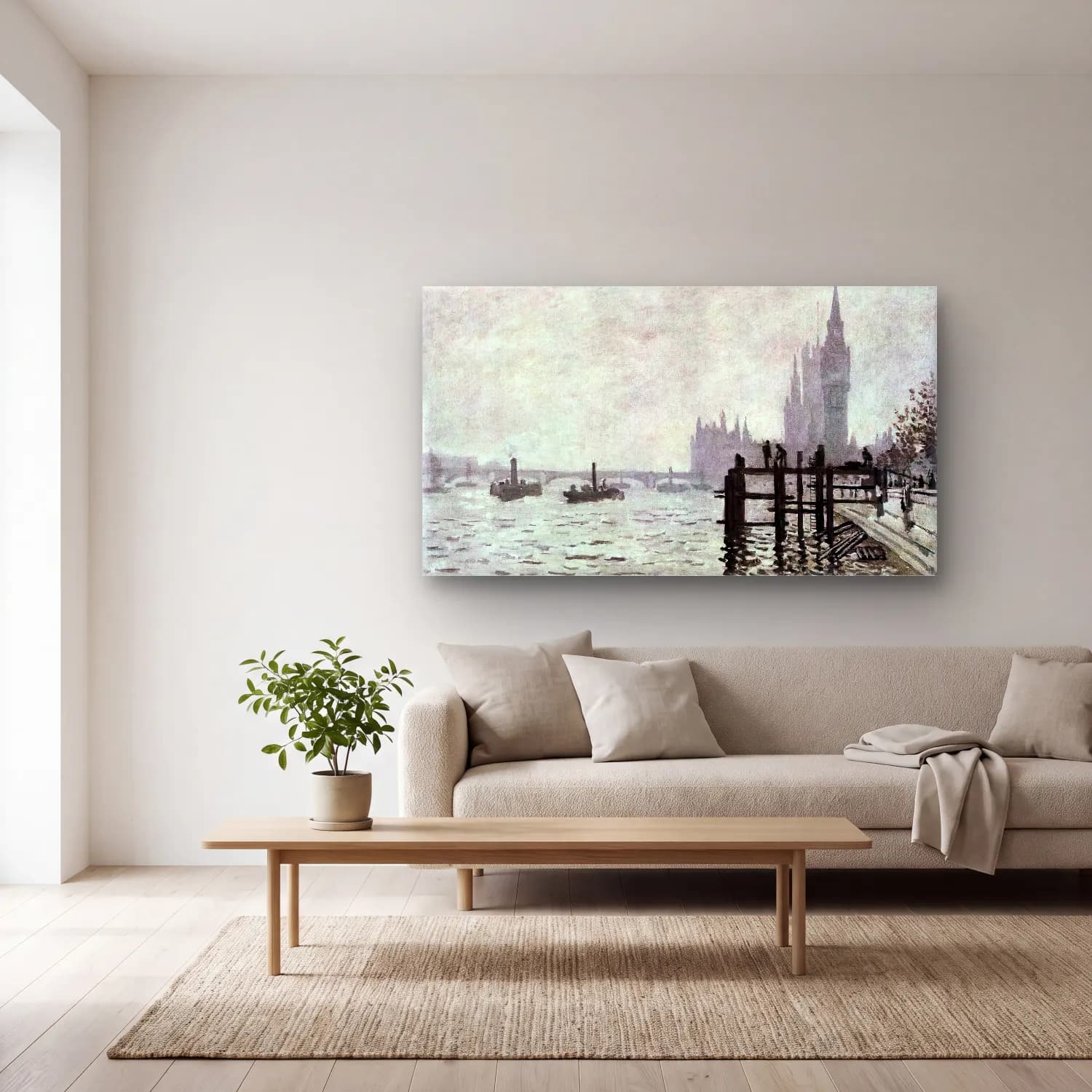 Claude Monet – The Thames below Westminster cam tablo — açık renk salonda