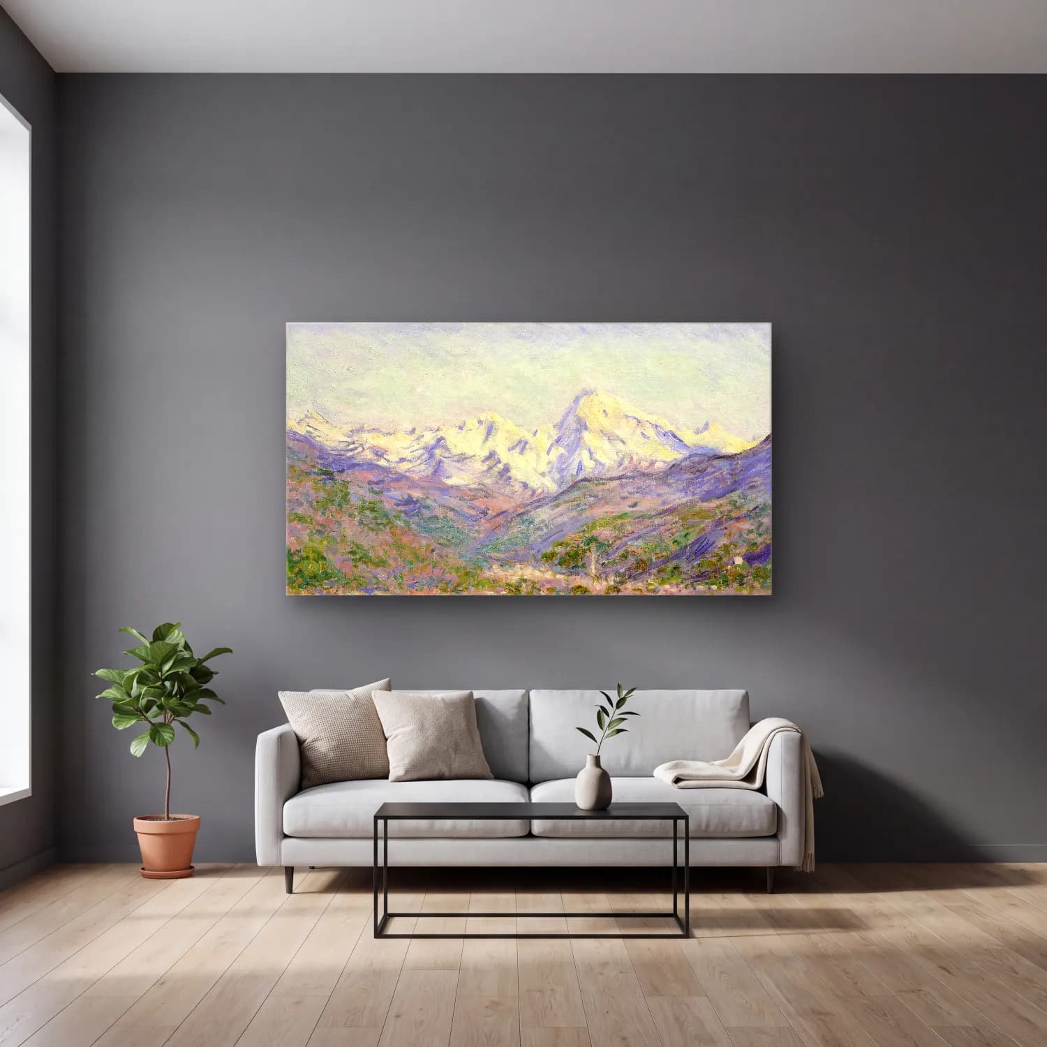 Claude Monet – The Valley of the Nervia cam tablo — gri duvarlı salonda