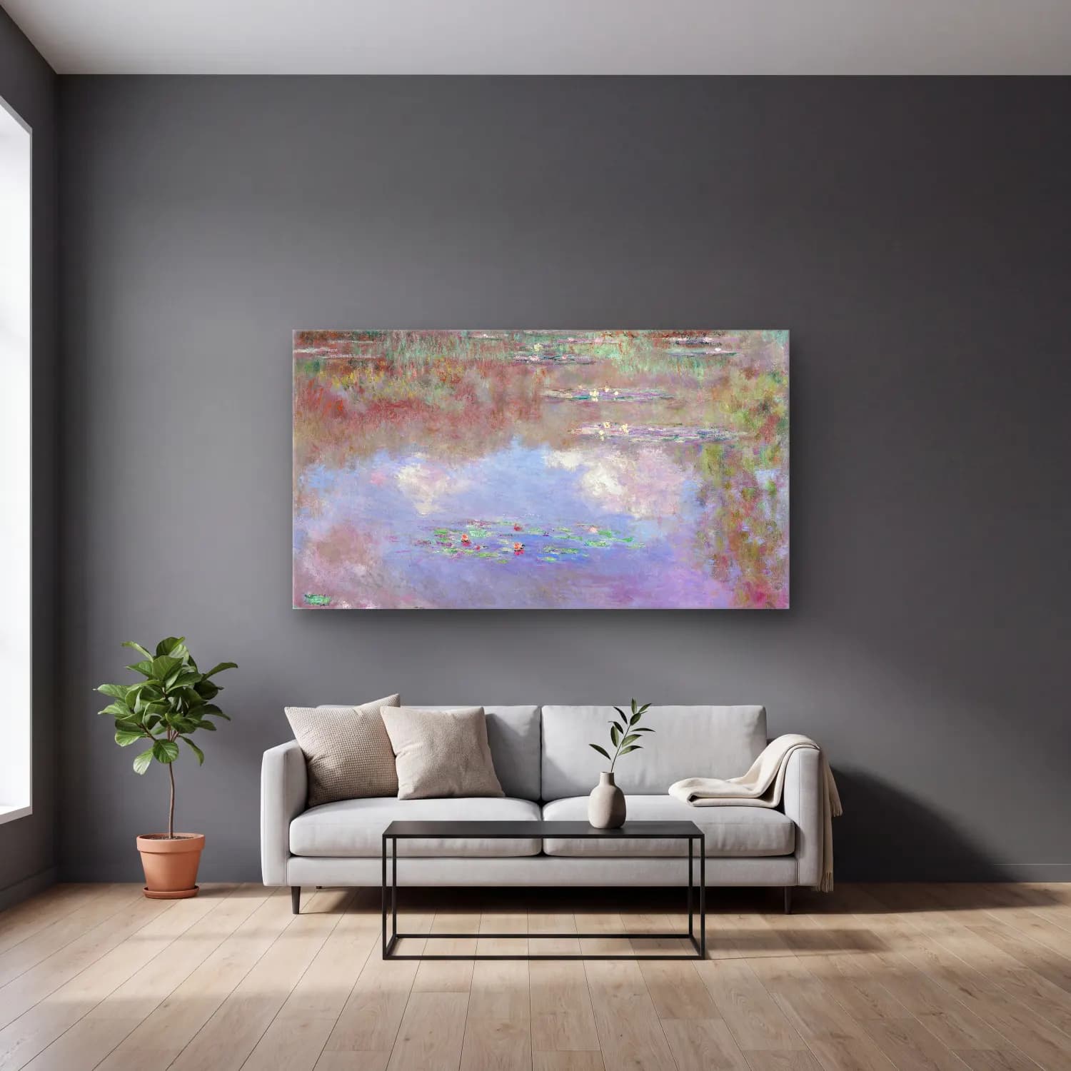 Claude Monet – The Water Lily Pond – Pastel Tonlar cam tablo — gri duvarlı salonda