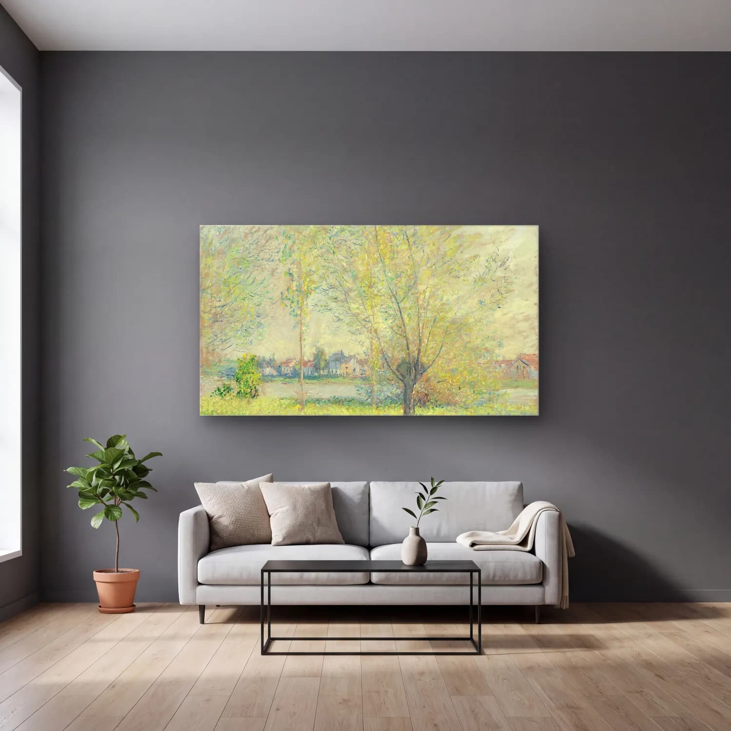Claude Monet – The Willows cam tablo — gri duvarlı salonda
