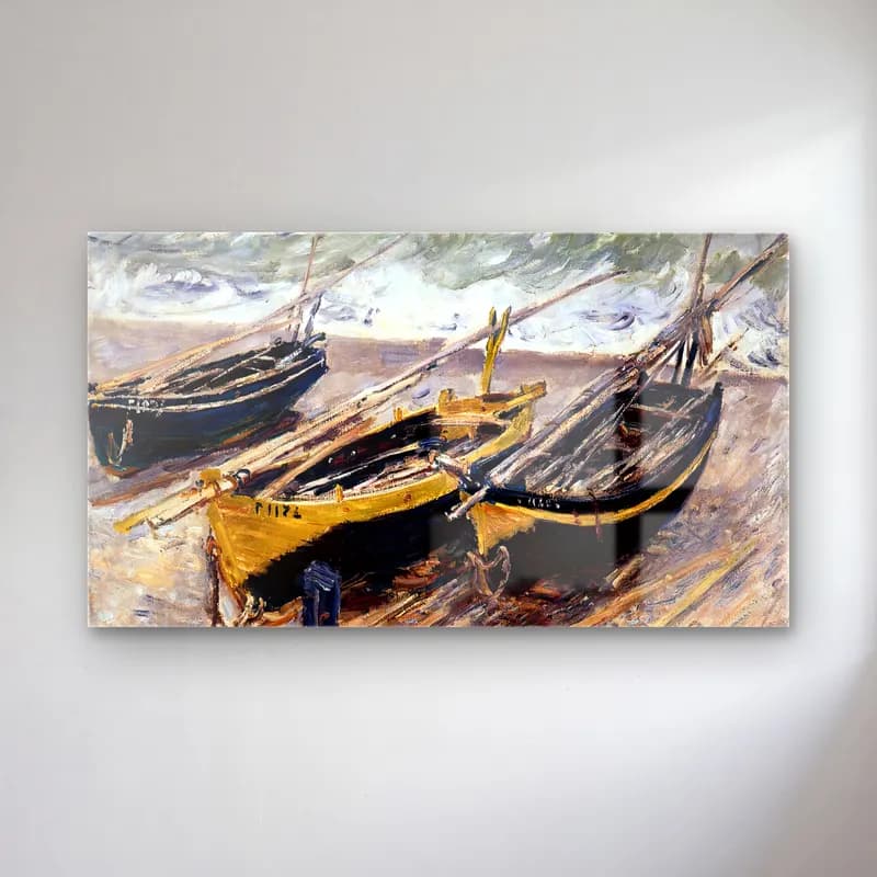 Claude Monet – Three Fishing Boats – Sarı Tonlar cam tablo — Claude Monet – Three Fishing Boats – Sarı Tonlar — empresyonist liman ve tekneler