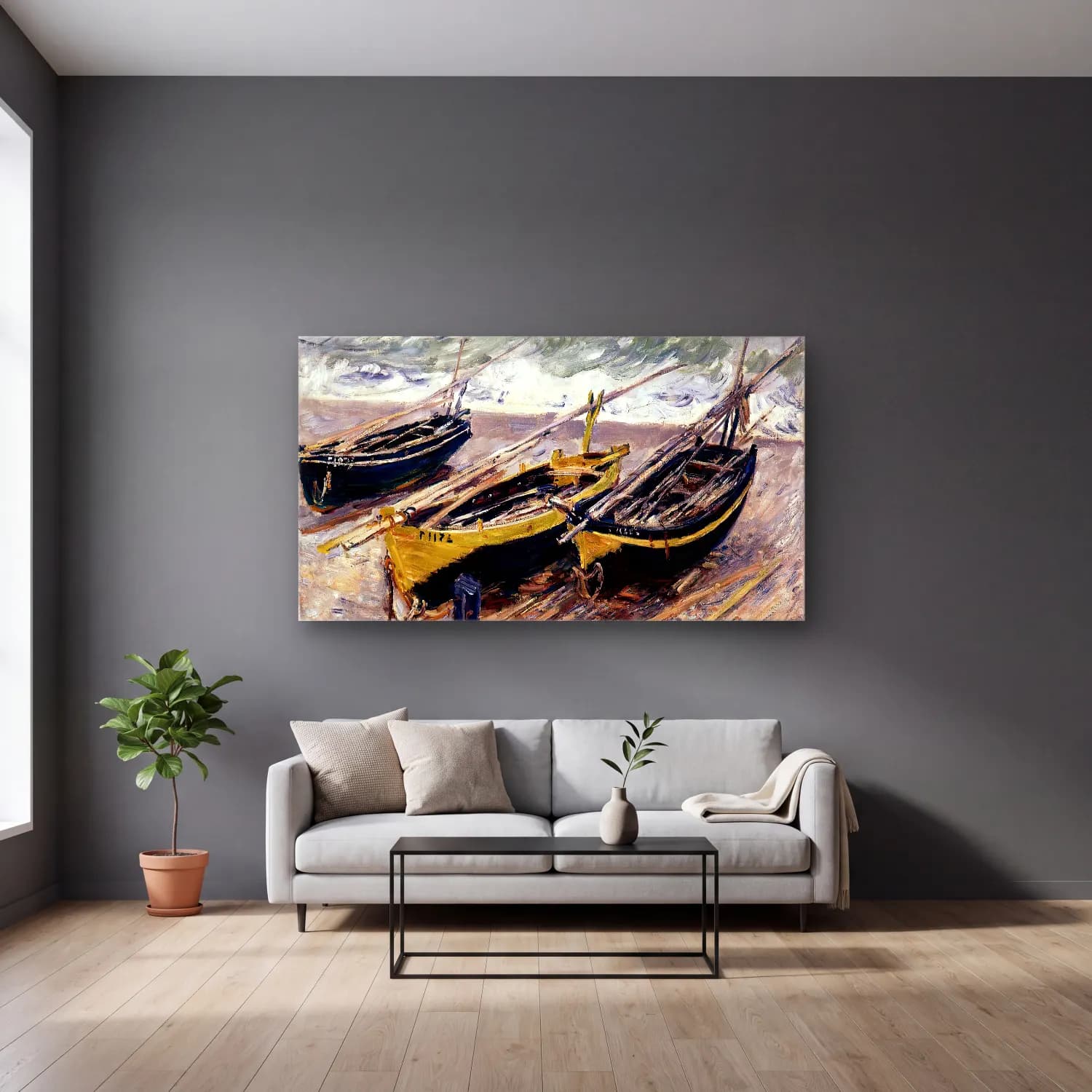 Claude Monet – Three Fishing Boats – Sarı Tonlar cam tablo — gri duvarlı salonda