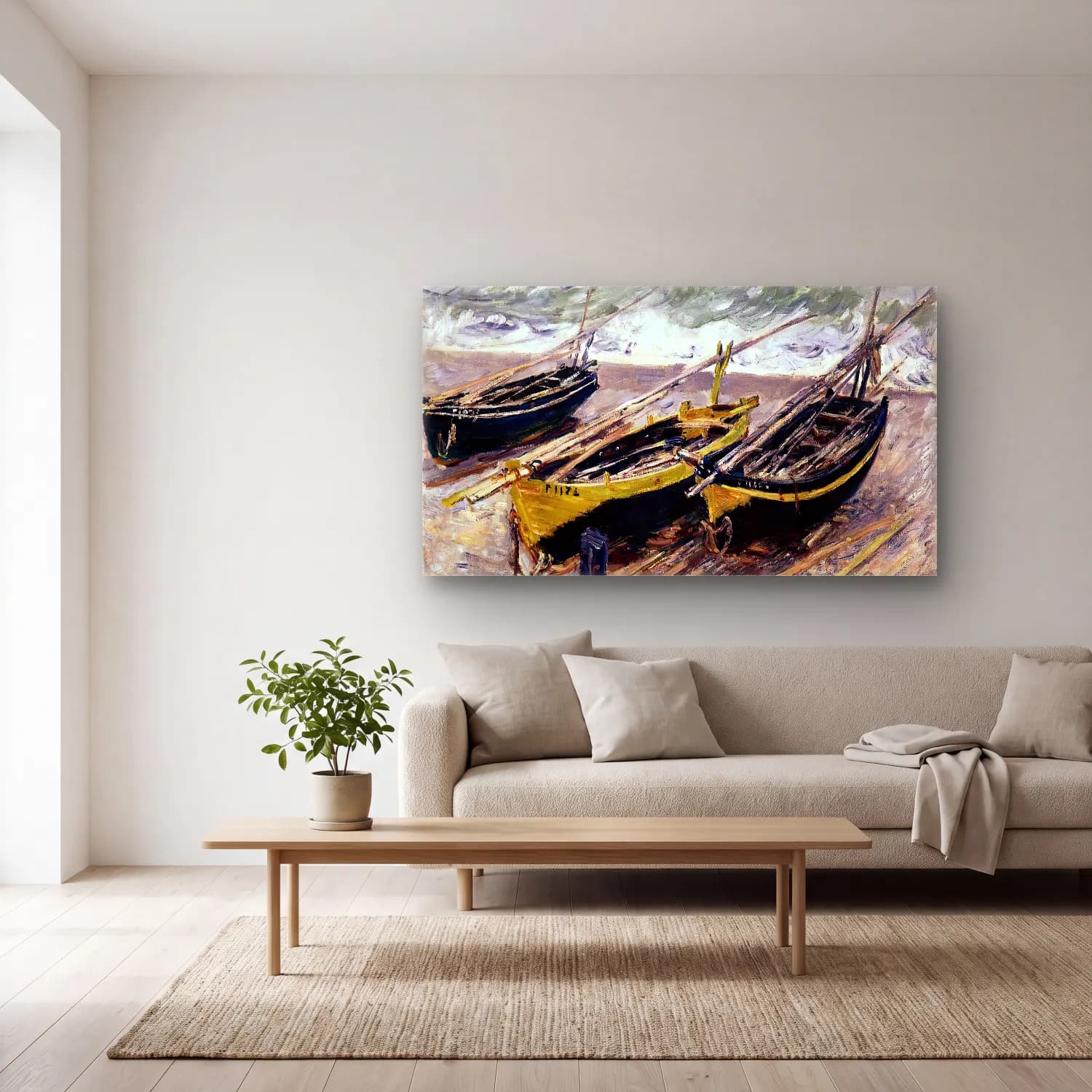 Claude Monet – Three Fishing Boats – Sarı Tonlar cam tablo — açık renk salonda