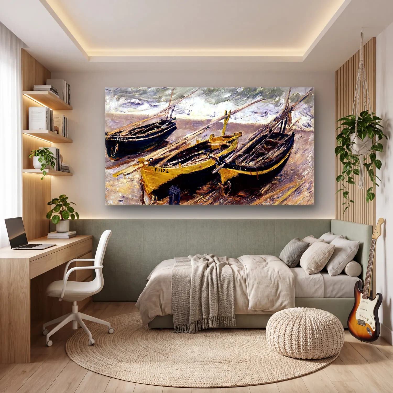 Claude Monet – Three Fishing Boats – Sarı Tonlar cam tablo — genç odasında