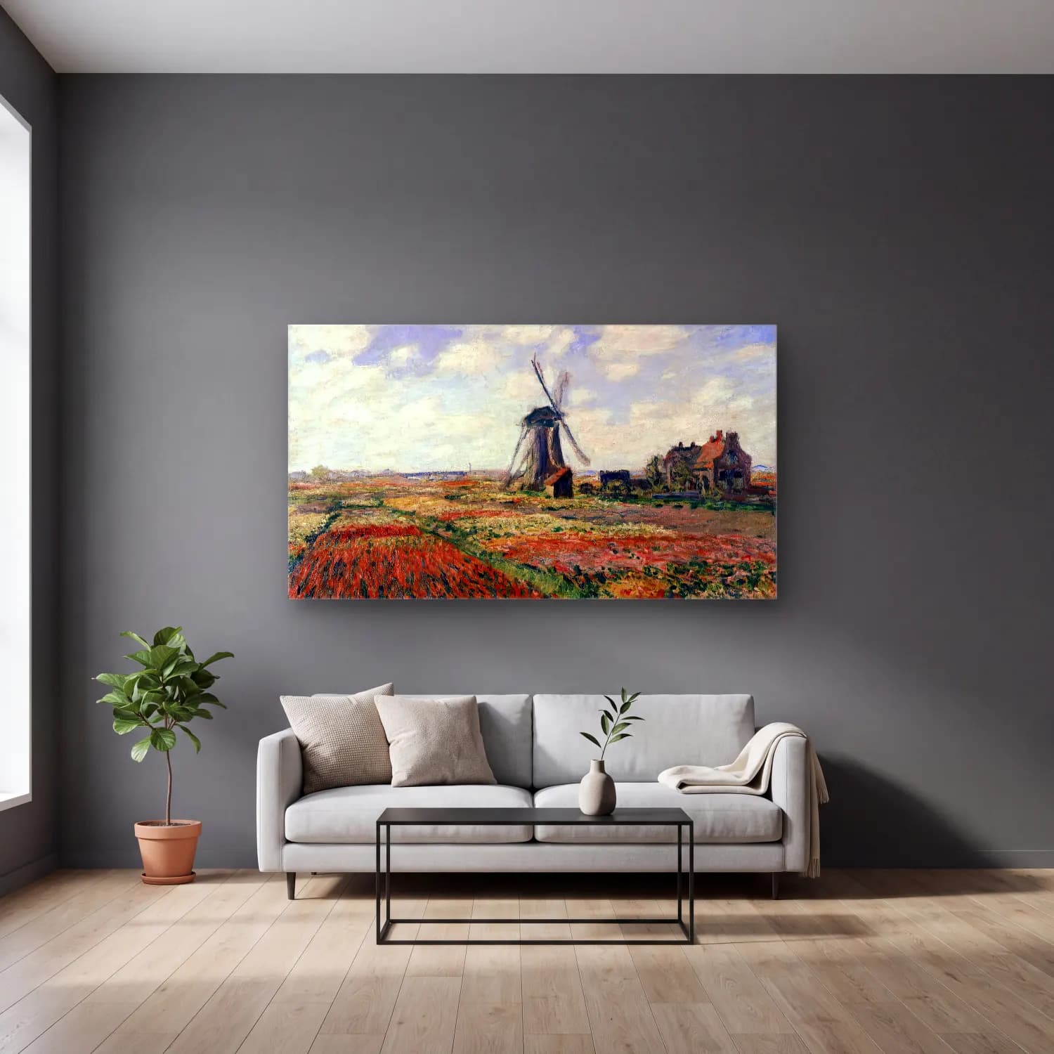 Claude Monet – Tulip Fields in Holland cam tablo — gri duvarlı salonda