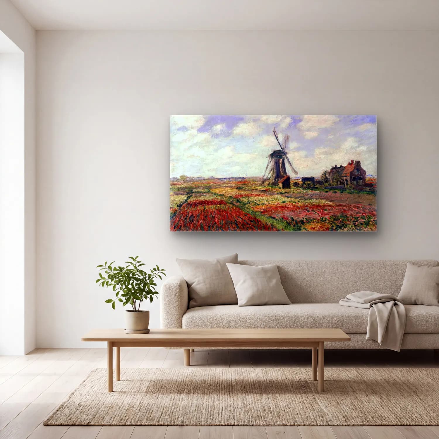 Claude Monet – Tulip Fields in Holland cam tablo — açık renk salonda