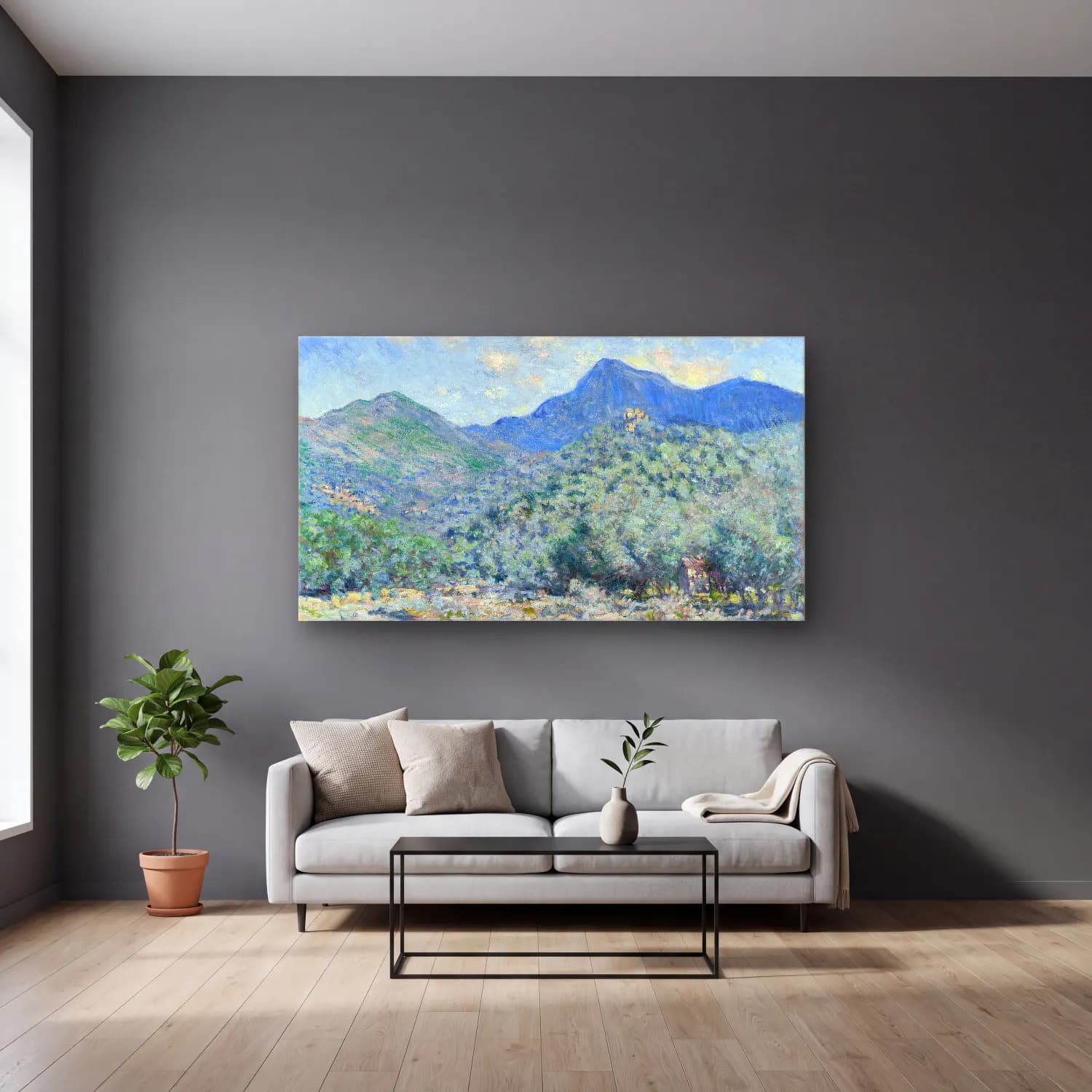 Claude Monet – Valle Buona, Near Bordighera – Pastel Tonlar cam tablo — gri duvarlı salonda
