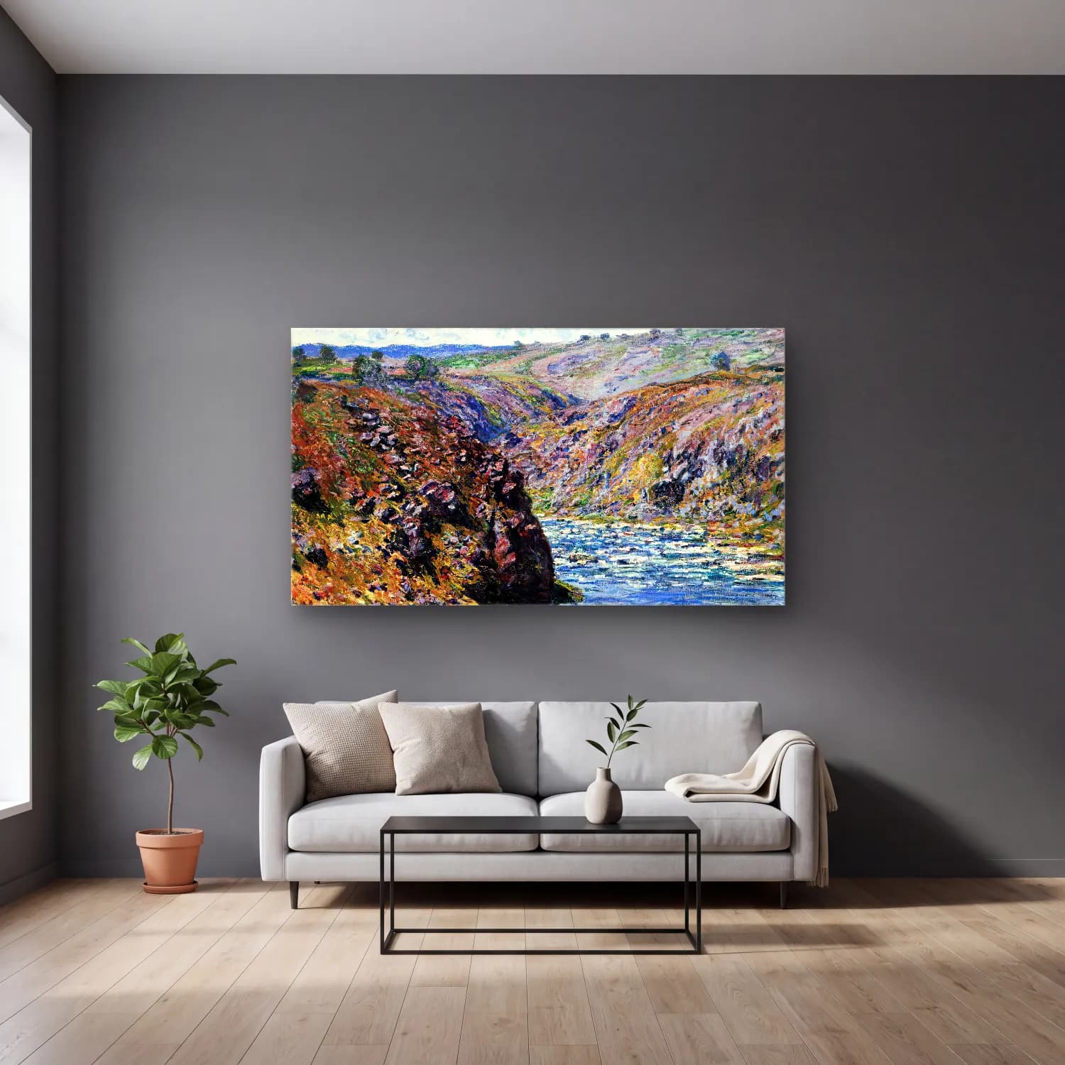 Claude Monet – Valley of the Creuse (Sunlight Effect) cam tablo — gri duvarlı salonda