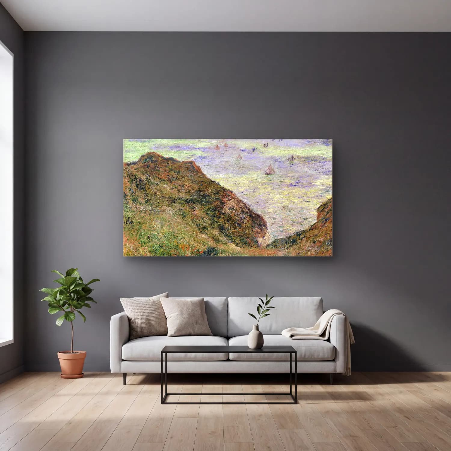 Claude Monet – View Over the Sea cam tablo — gri duvarlı salonda