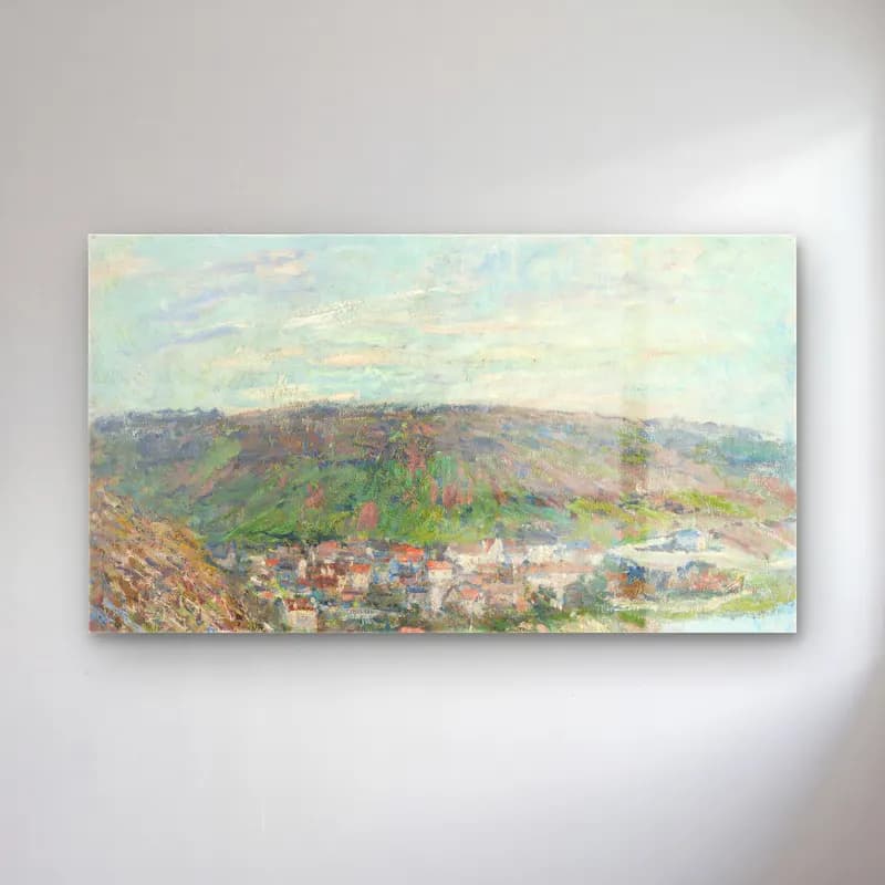 Claude Monet – View of Vétheuil – Bej Tonlar cam tablo — Claude Monet – View of Vétheuil – Bej Tonlar — empresyonist yeşil tepeler