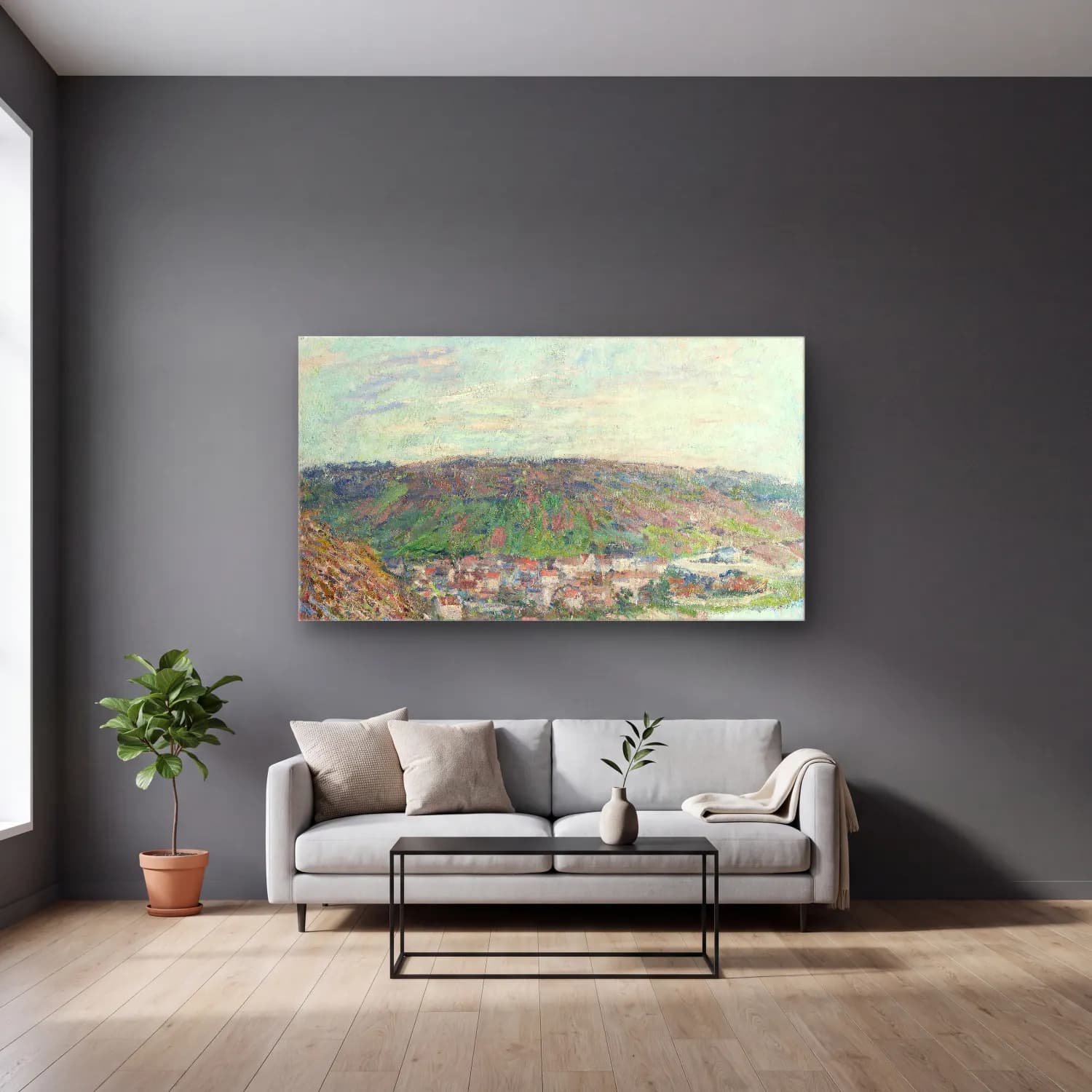 Claude Monet – View of Vétheuil – Bej Tonlar cam tablo — gri duvarlı salonda