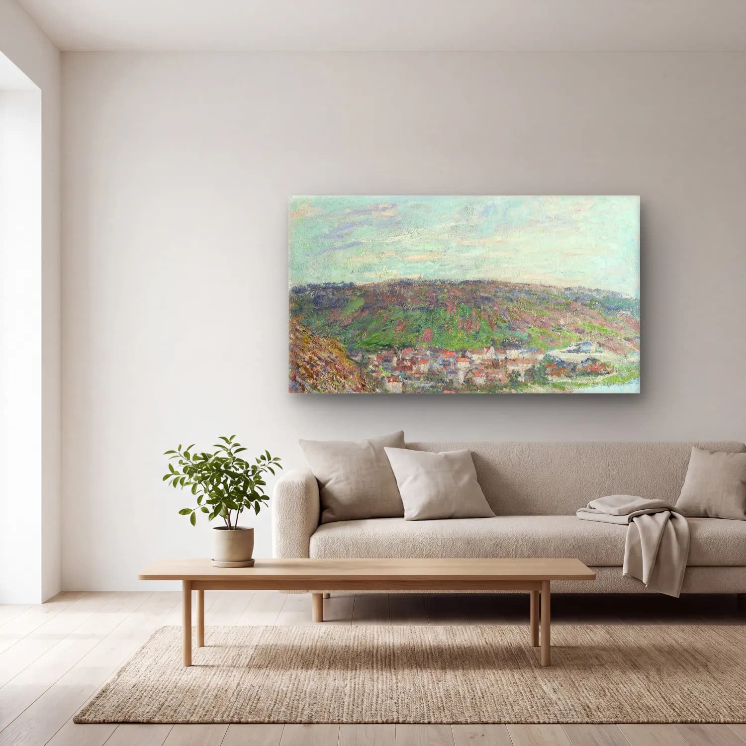 Claude Monet – View of Vétheuil – Bej Tonlar cam tablo — açık renk salonda