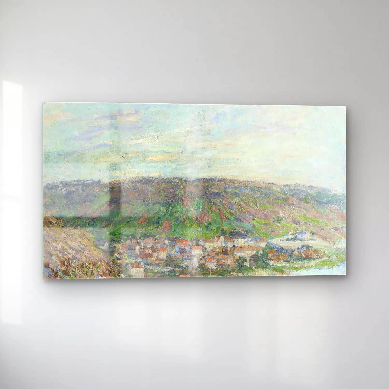 Claude Monet – View of Vétheuil – Bej Tonlar cam tablo — sol açıdan görünüm