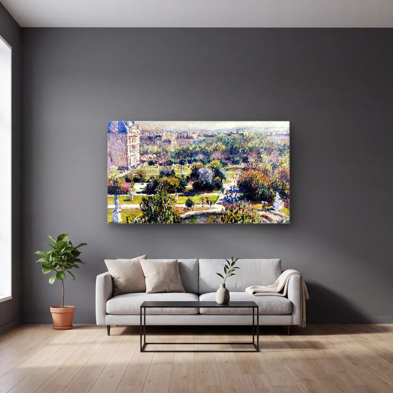 Claude Monet – View of the Tuileries Garden cam tablo — gri duvarlı salonda