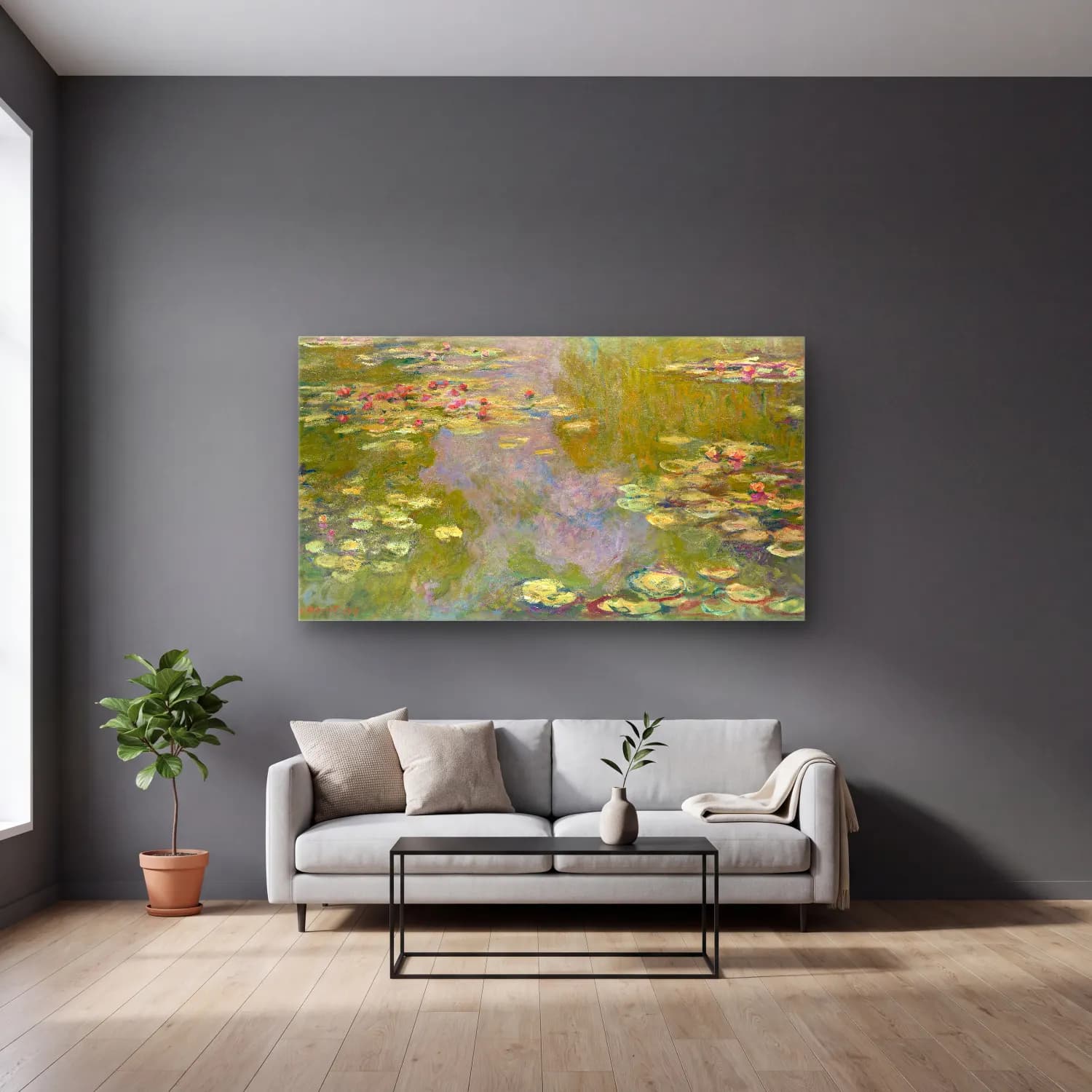 Claude Monet – Water Lilies – Yeşil Tonlar cam tablo — gri duvarlı salonda