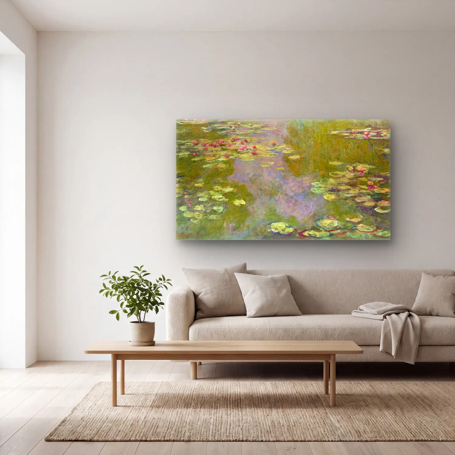Claude Monet – Water Lilies – Yeşil Tonlar cam tablo — açık renk salonda