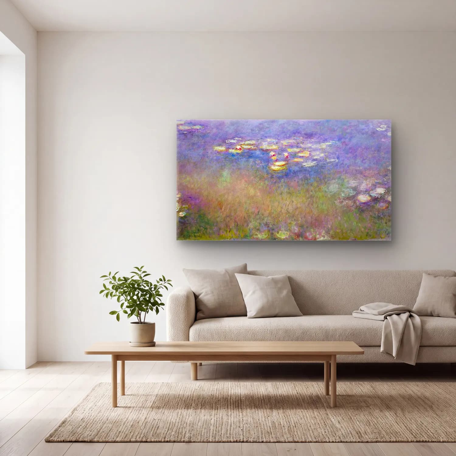 Claude Monet – Water Lilies Agapanthus cam tablo — açık renk salonda