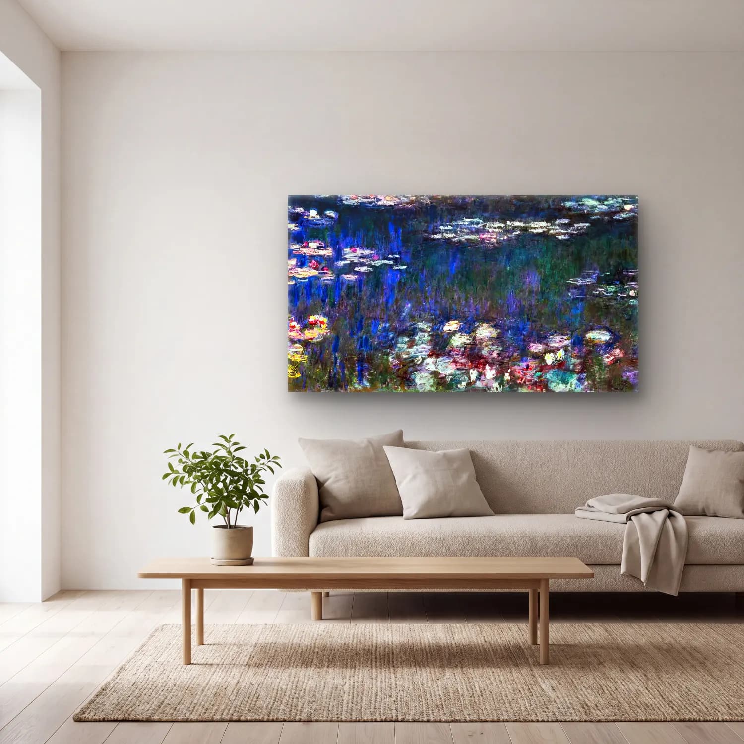 Claude Monet – Water Lilies, Green Harmony cam tablo — açık renk salonda