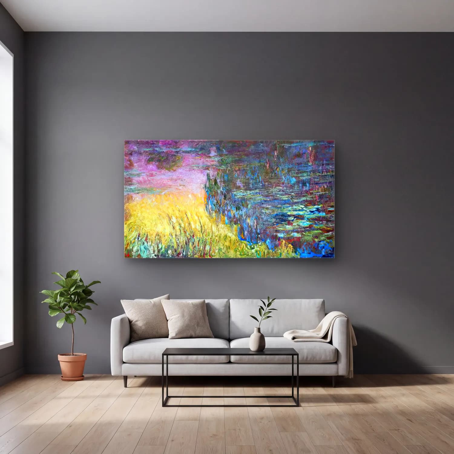 Claude Monet – Water Lilies, Sunset cam tablo — gri duvarlı salonda