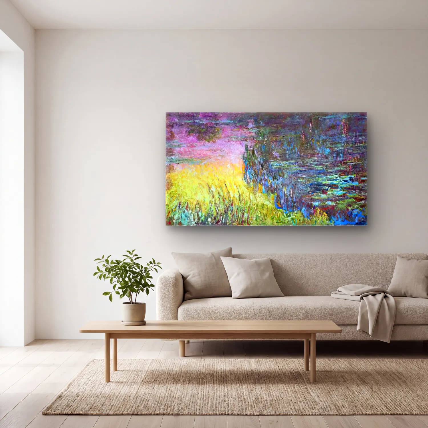 Claude Monet – Water Lilies, Sunset cam tablo — açık renk salonda