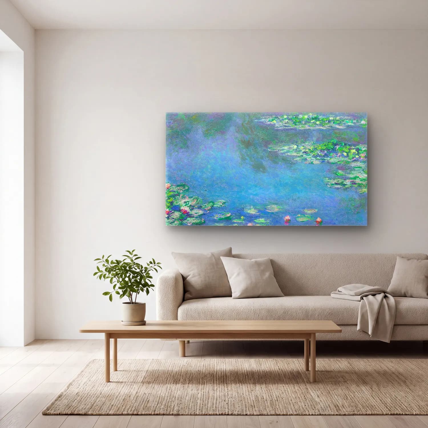 Claude Monet – Water Lilies cam tablo — açık renk salonda