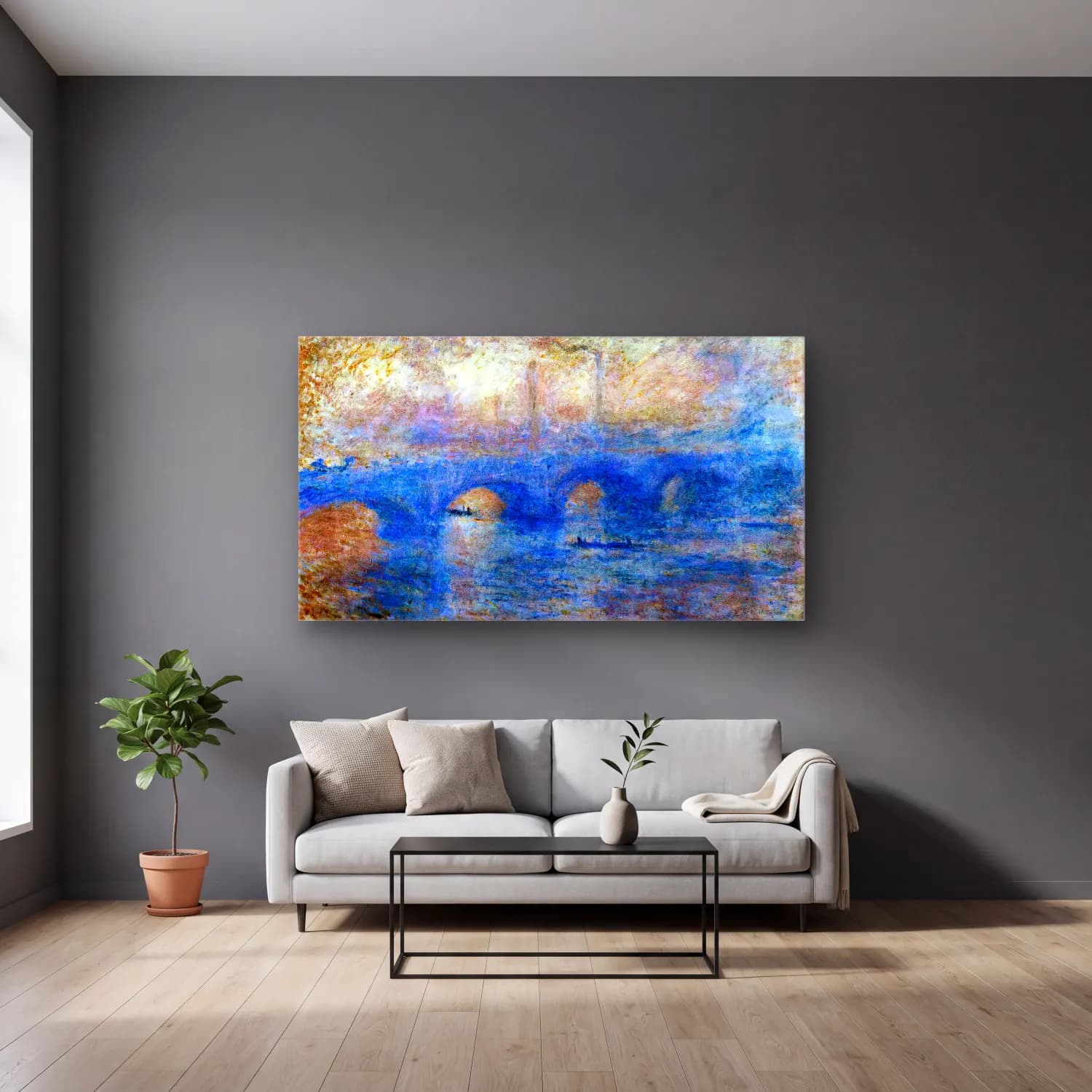 Claude Monet – Waterloo Bridge, Effect of Fog cam tablo — gri duvarlı salonda