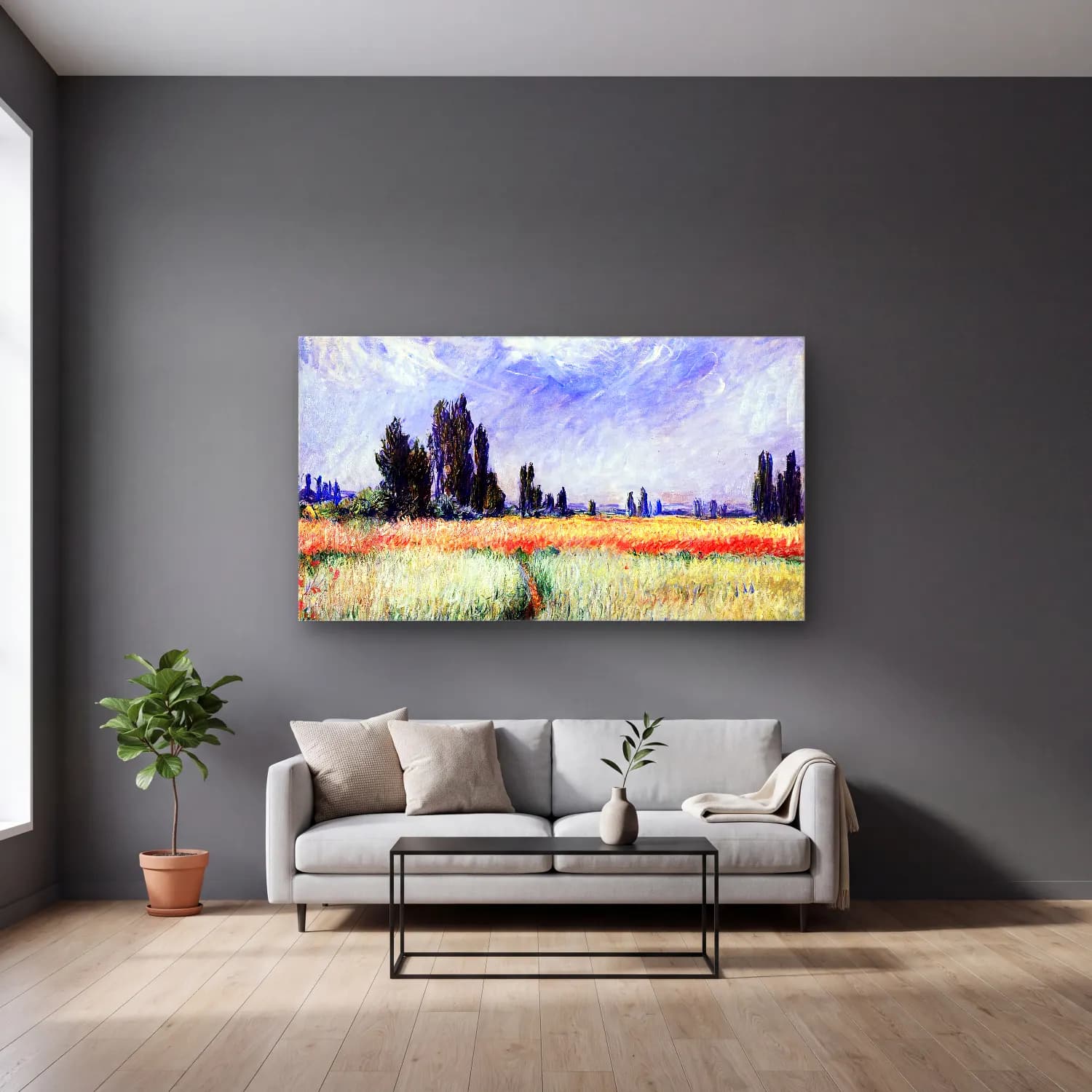 Claude Monet – Wheat Field cam tablo — gri duvarlı salonda
