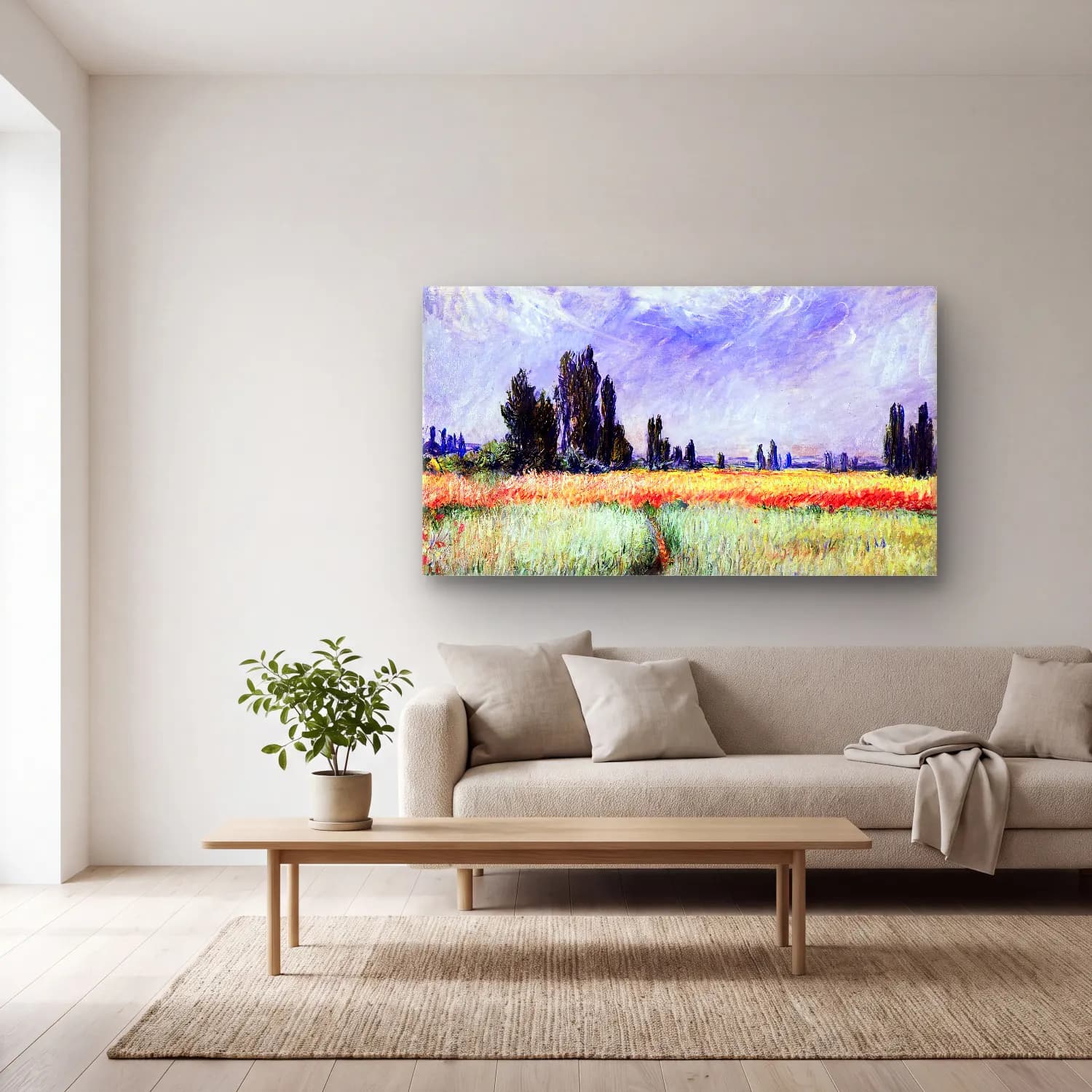 Claude Monet – Wheat Field cam tablo — açık renk salonda
