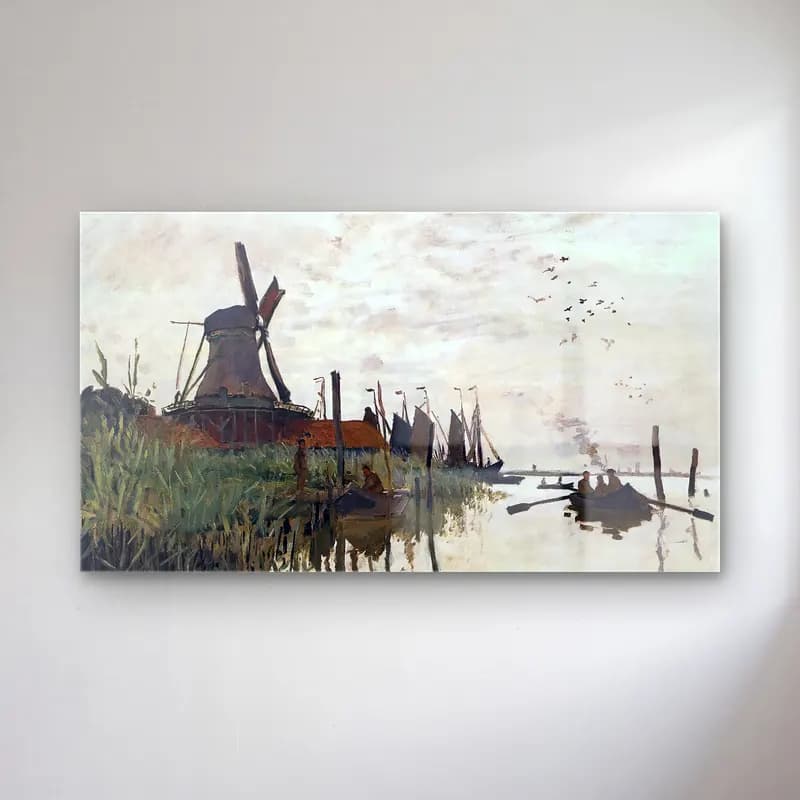Claude Monet – Wiindmill at Zaandam cam tablo — Claude Monet – Wiindmill at Zaandam — empresyonist liman ve tekneler