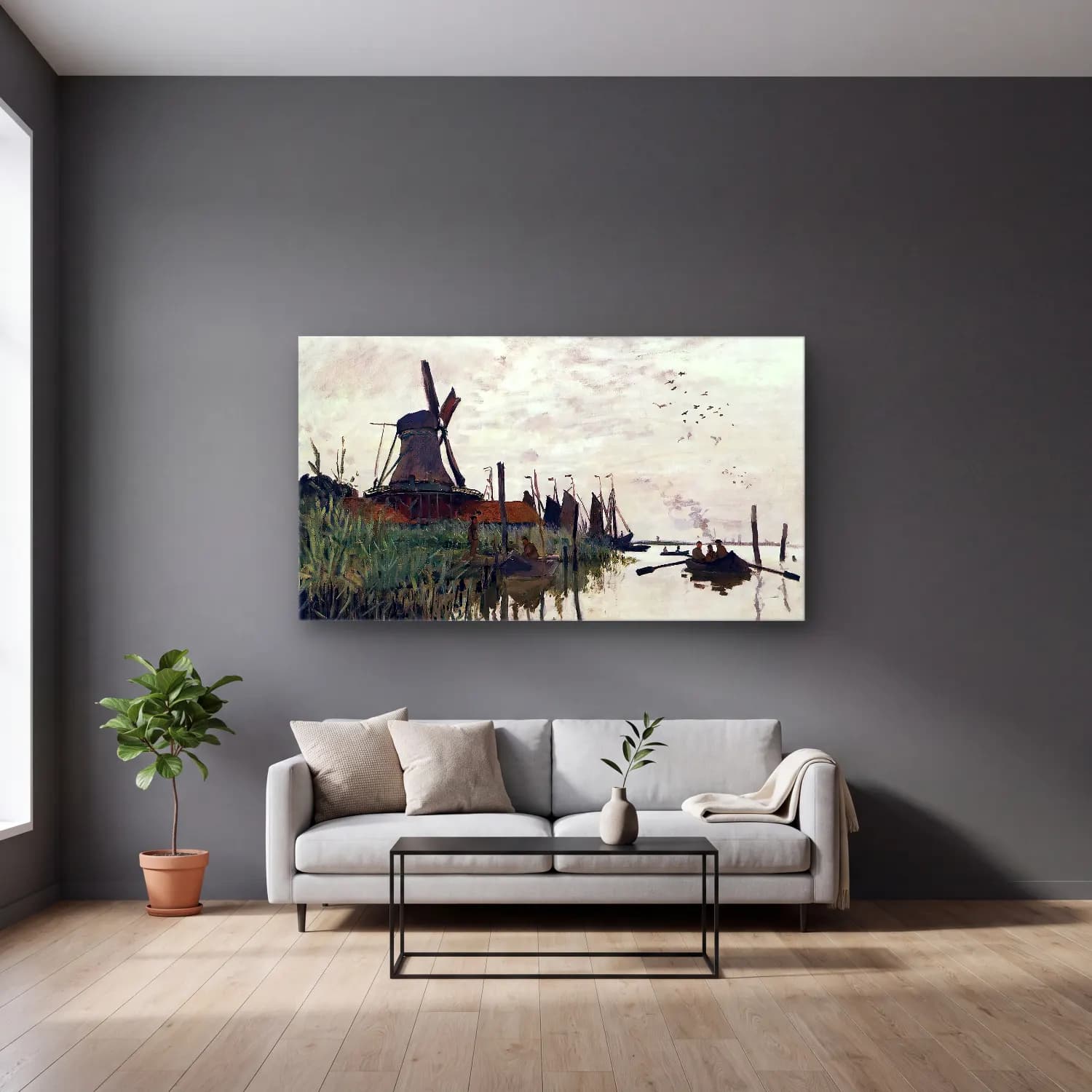 Claude Monet – Wiindmill at Zaandam cam tablo — gri duvarlı salonda
