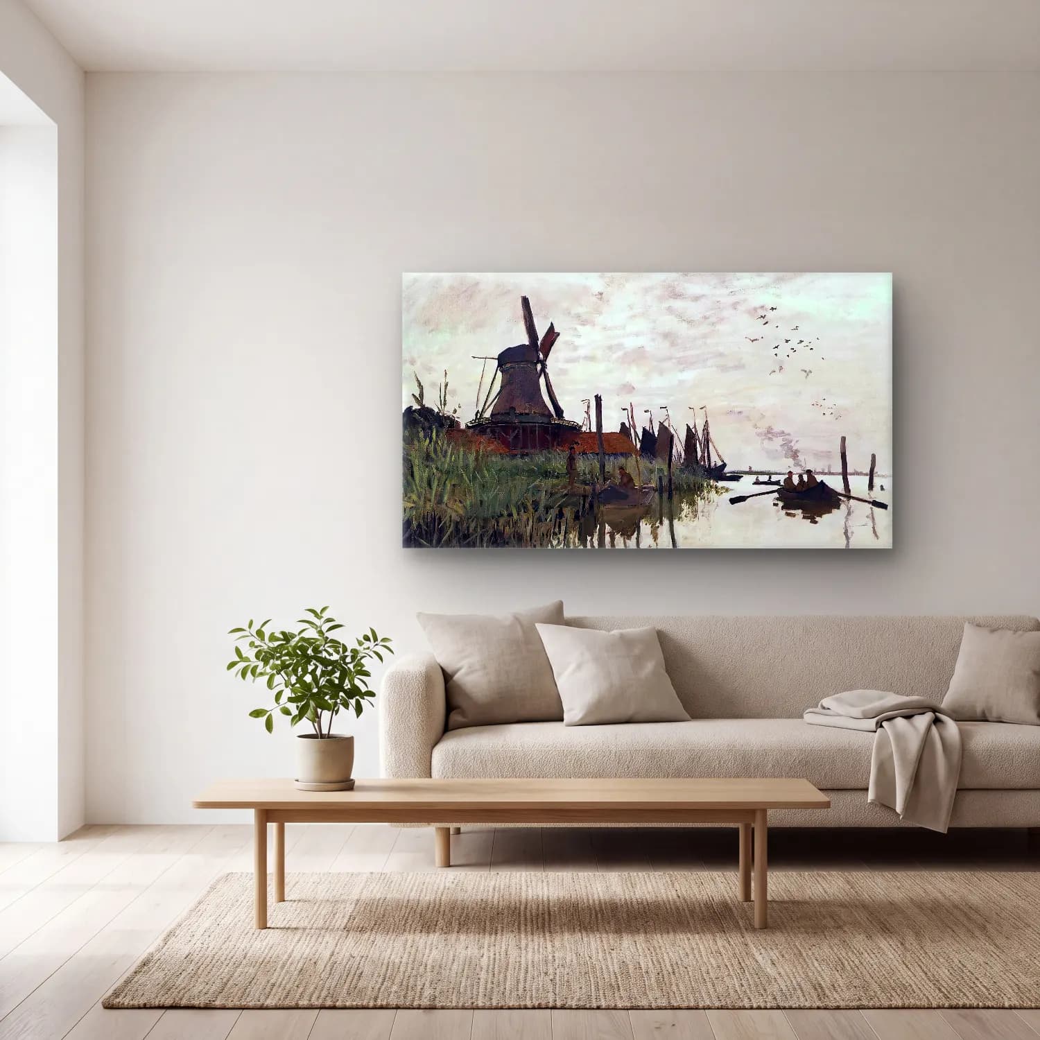 Claude Monet – Wiindmill at Zaandam cam tablo — açık renk salonda