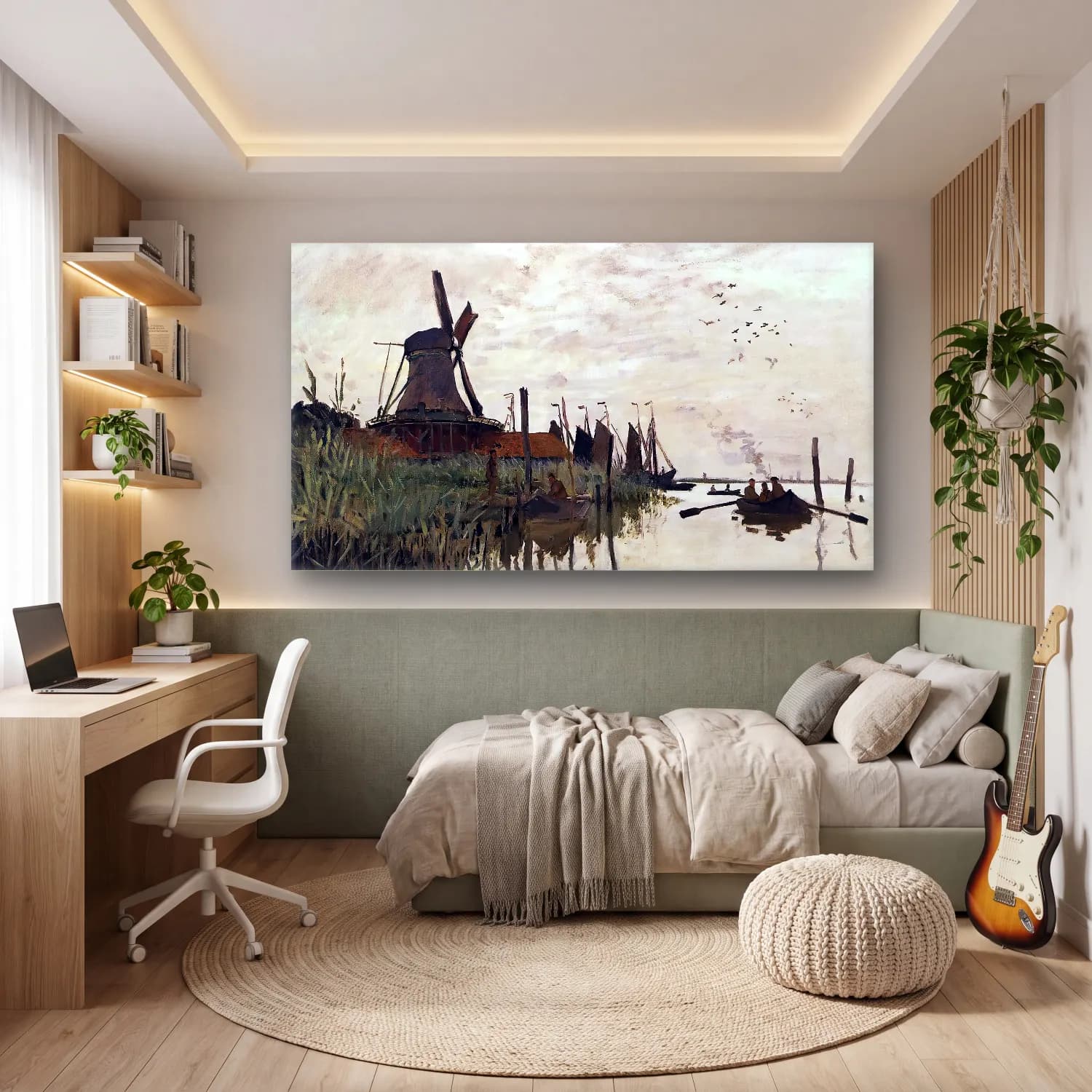 Claude Monet – Wiindmill at Zaandam cam tablo — genç odasında