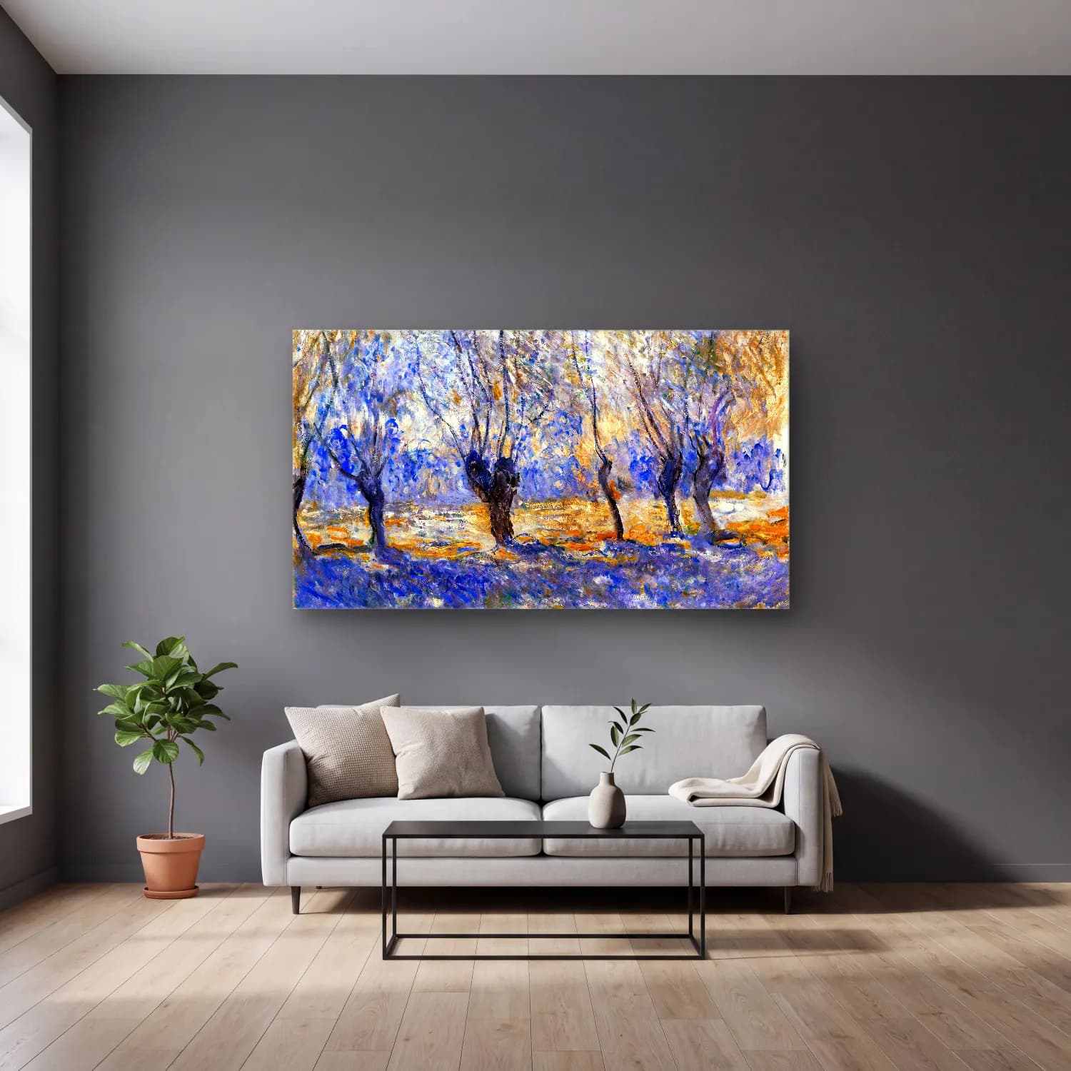 Claude Monet – Willows in Giverny cam tablo — gri duvarlı salonda
