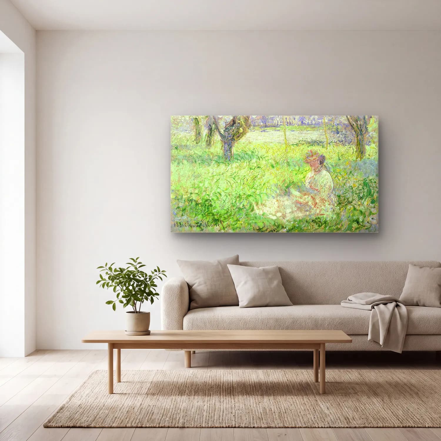 Claude Monet – Woman Seated under the Willows – Pastel Tonlar cam tablo — açık renk salonda