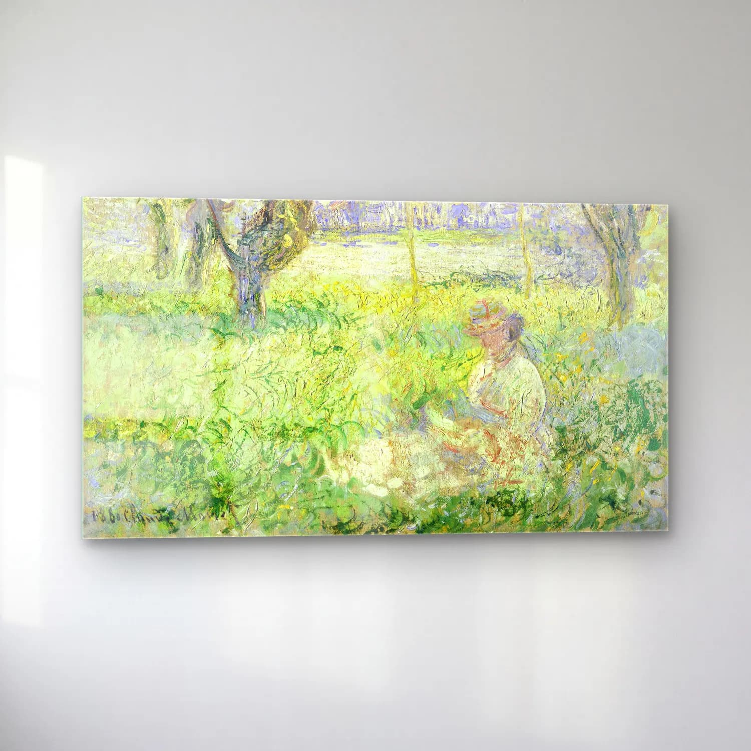 Claude Monet – Woman Seated under the Willows – Pastel Tonlar cam tablo — sol açıdan görünüm