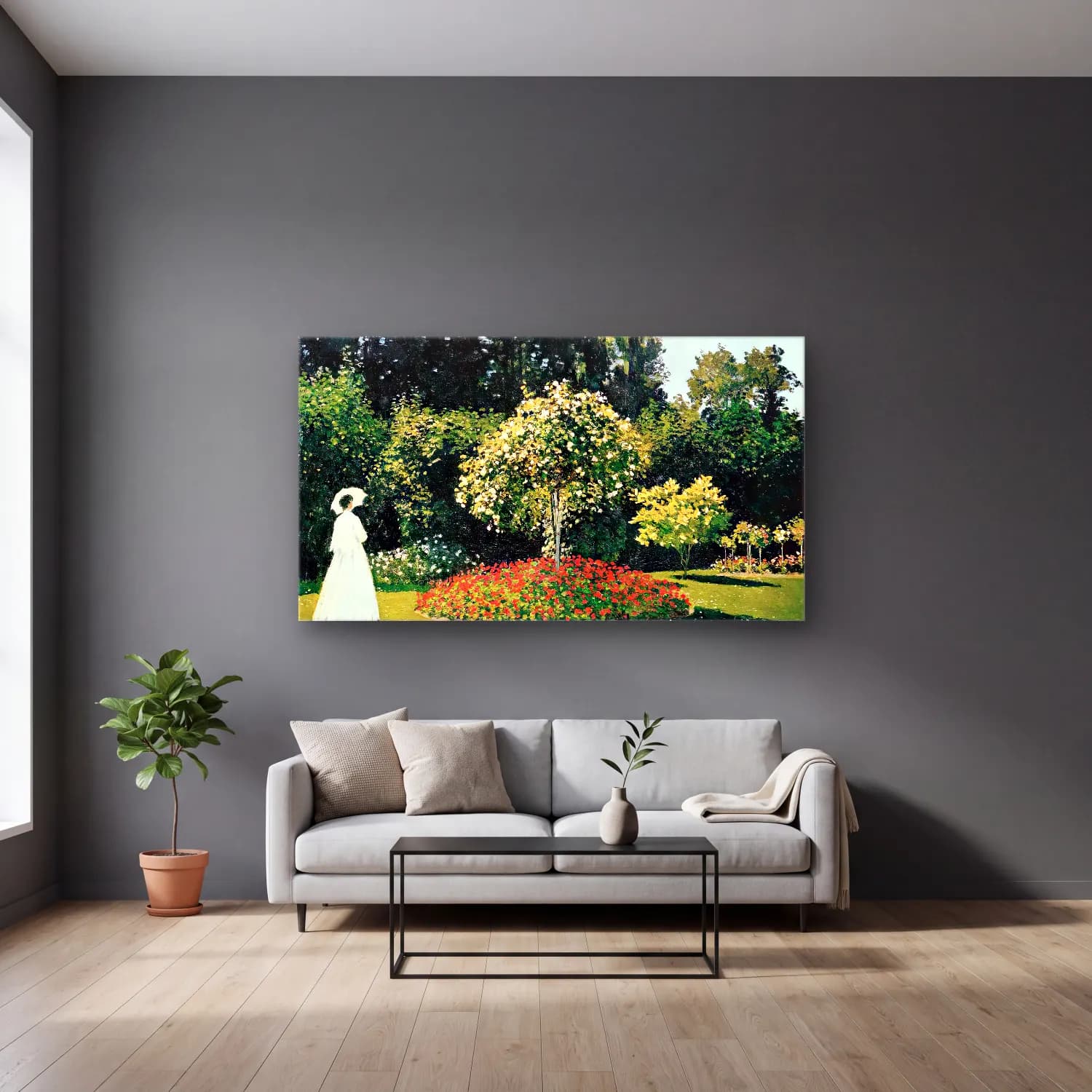Claude Monet – Woman in the Garden cam tablo — gri duvarlı salonda
