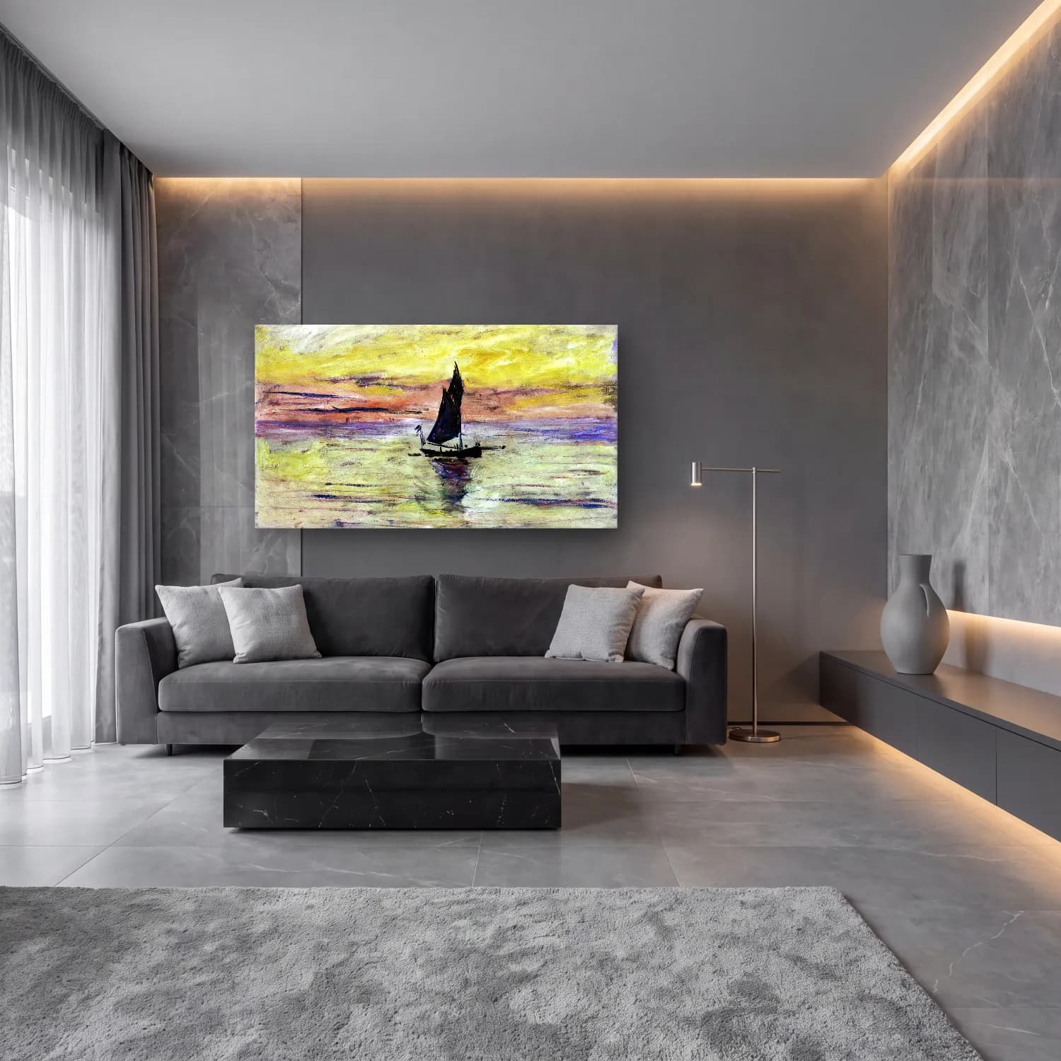 Claude Monet – Yacht, Effect of Evening cam tablo — lüks salon duvarında