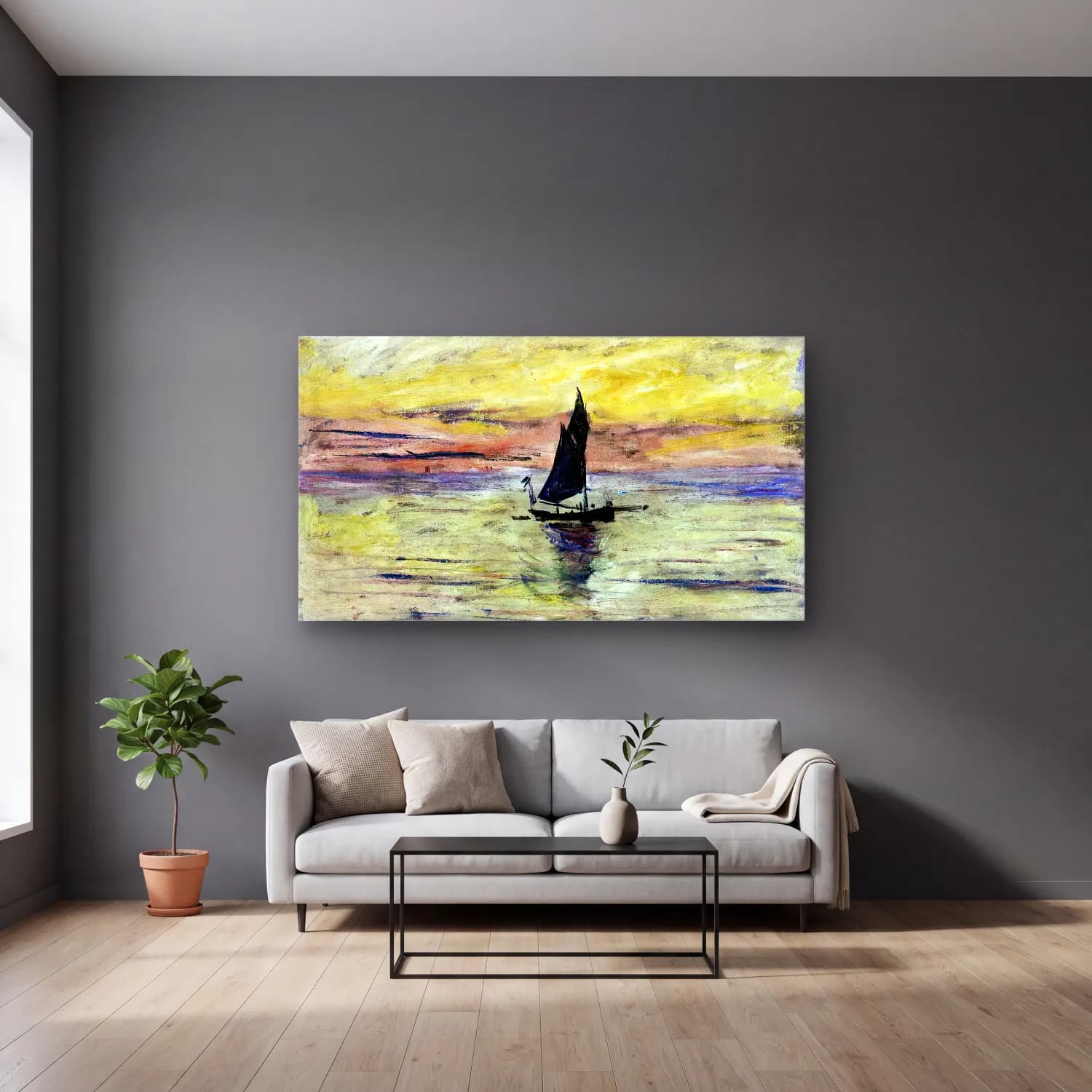 Claude Monet – Yacht, Effect of Evening cam tablo — gri duvarlı salonda