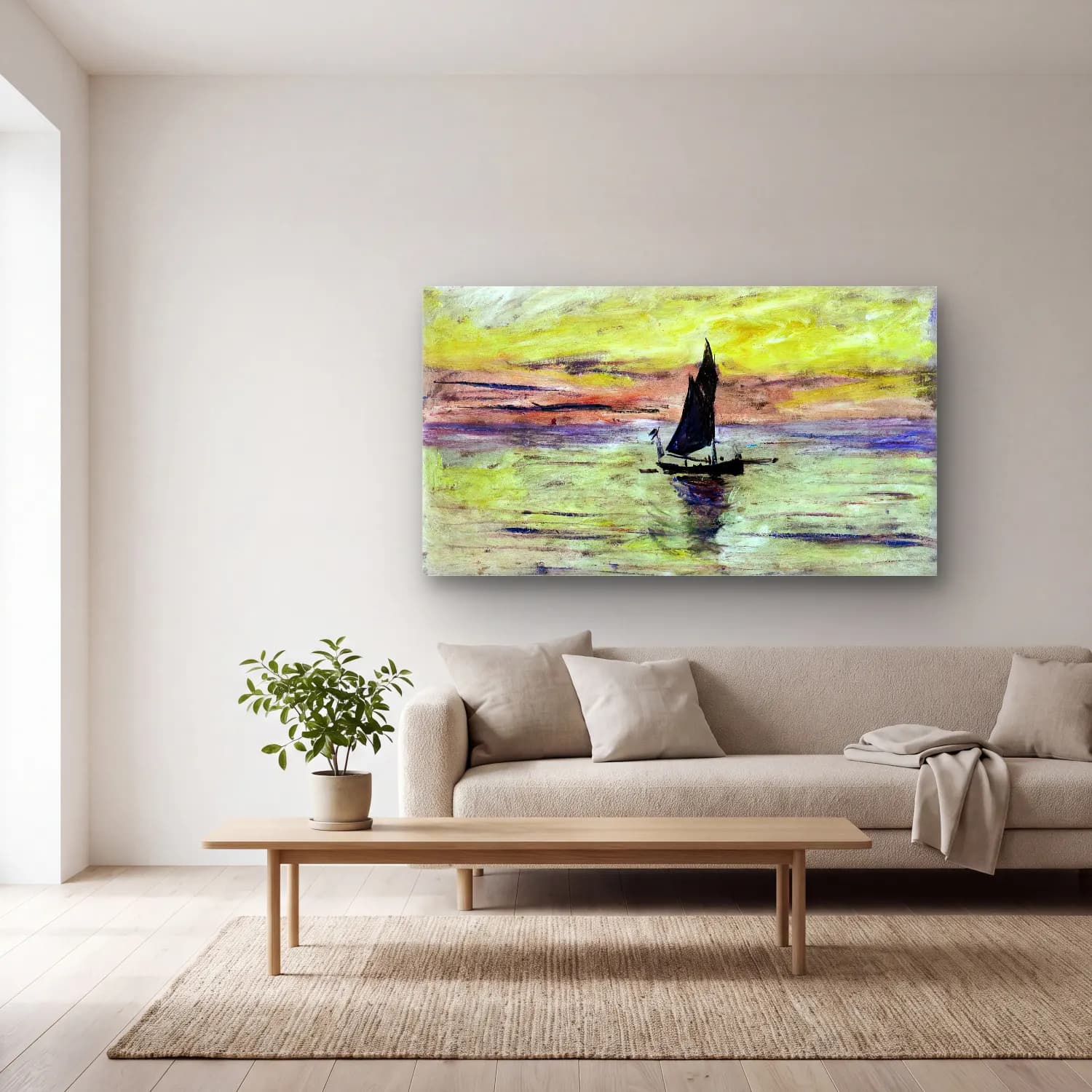 Claude Monet – Yacht, Effect of Evening cam tablo — açık renk salonda