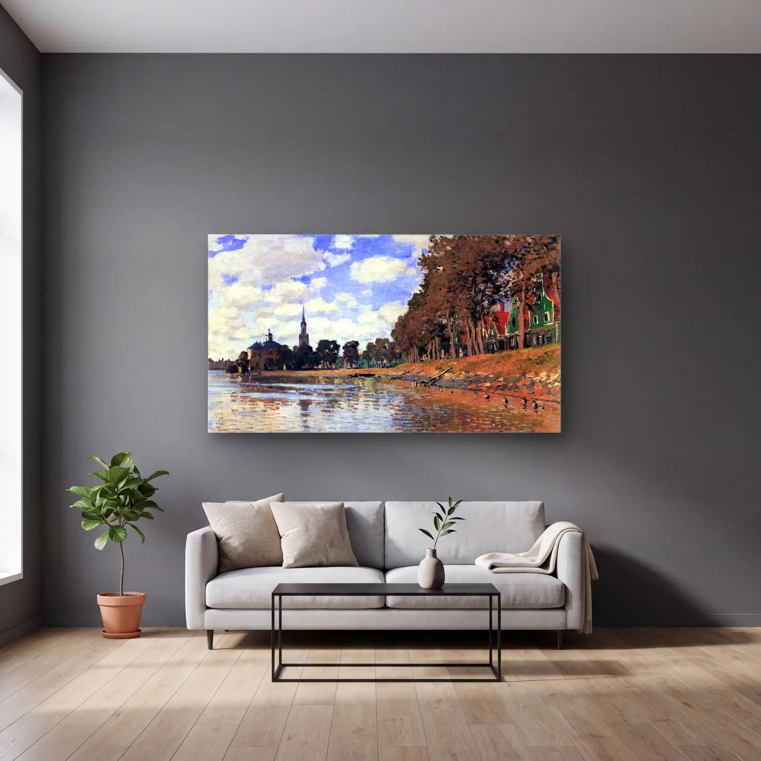 Claude Monet – Zaandam cam tablo — gri duvarlı salonda