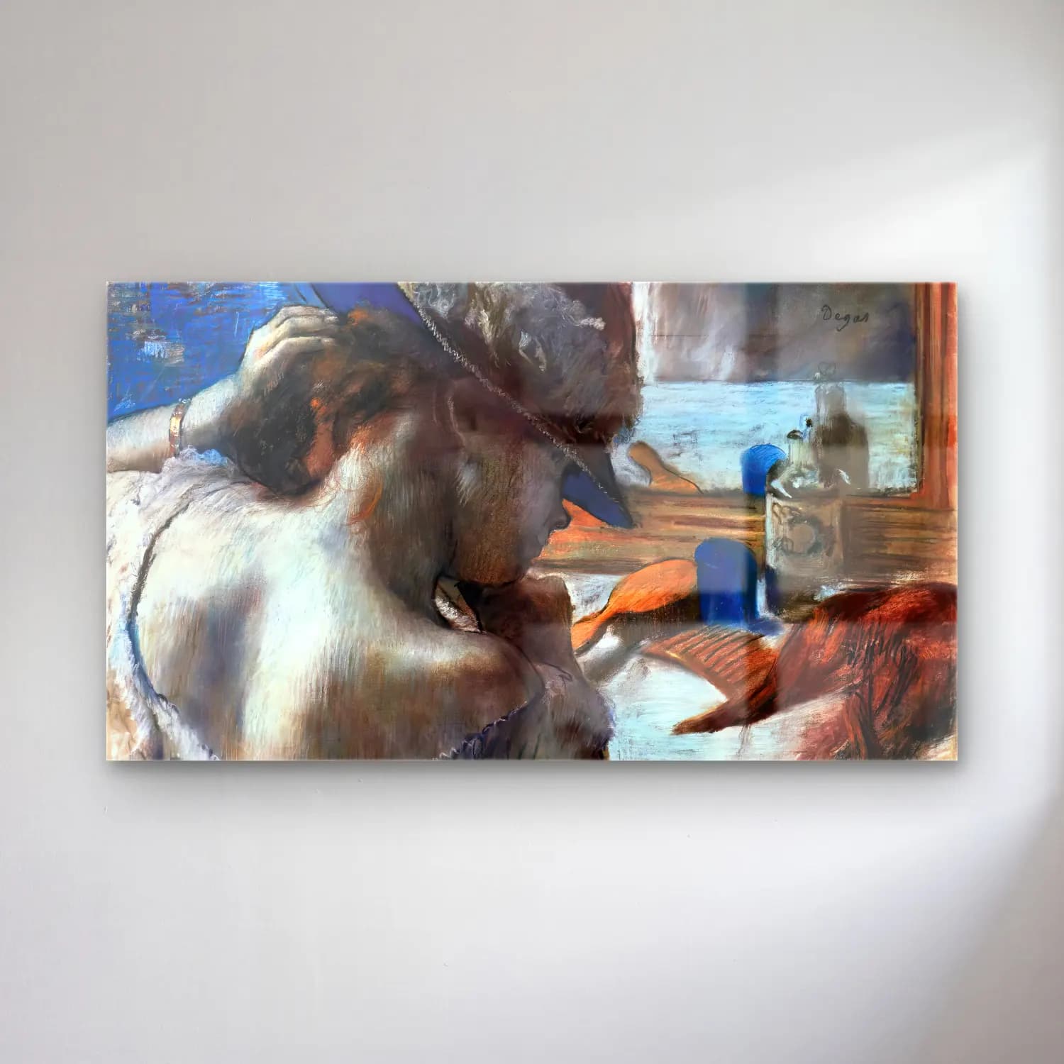 Edgar Degas – At the Mirror cam tablo — Edgar Degas – At the Mirror — empresyonist şapkalı kadın