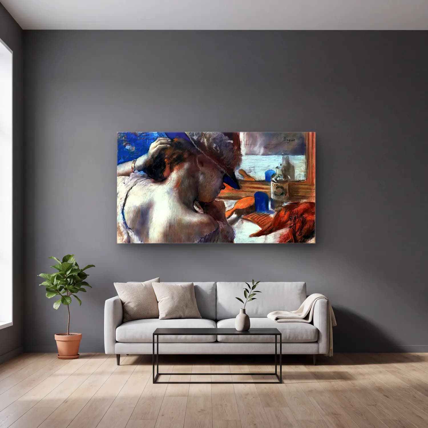 Edgar Degas – At the Mirror cam tablo — gri duvarlı salonda