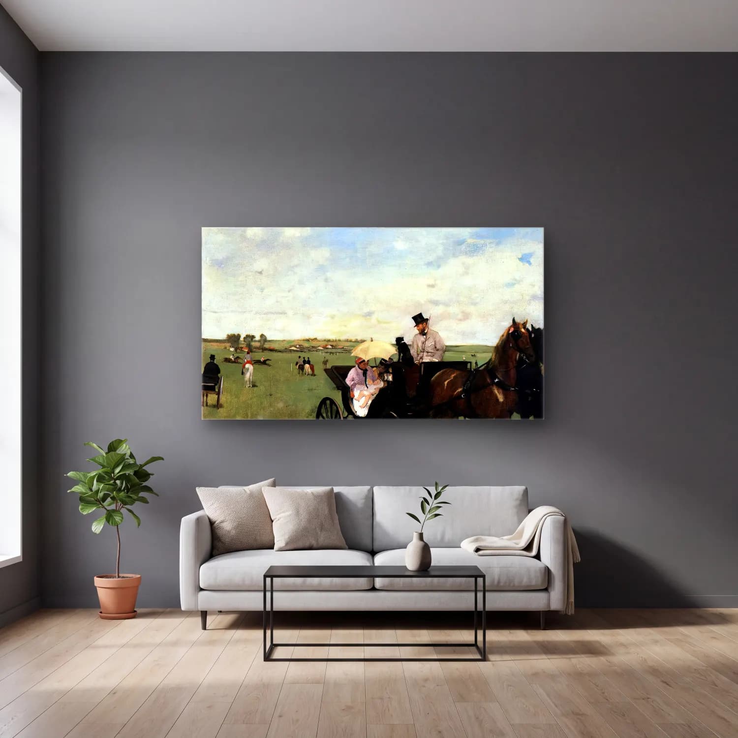 Edgar Degas – At the Races in the Countryside cam tablo — gri duvarlı salonda