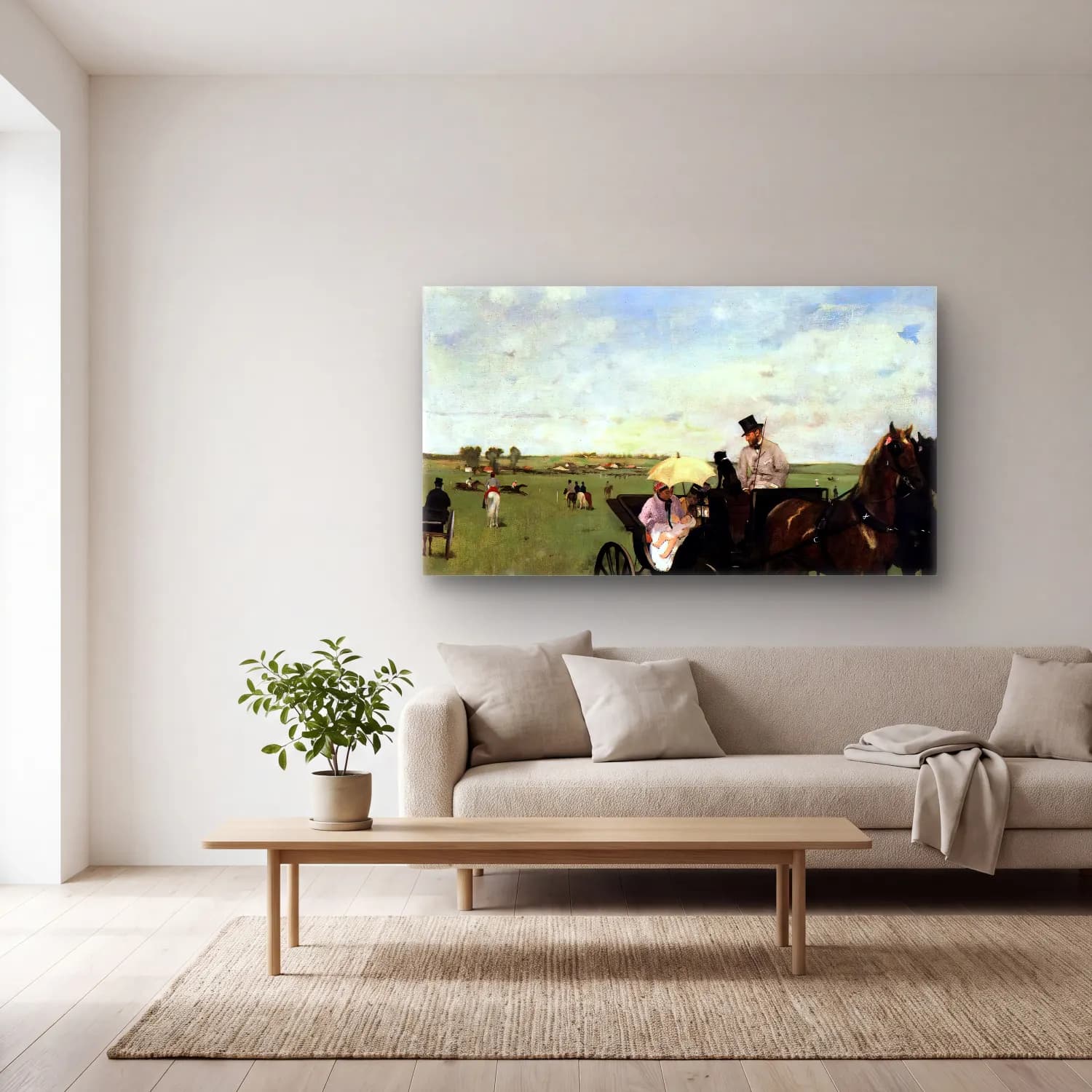 Edgar Degas – At the Races in the Countryside cam tablo — açık renk salonda