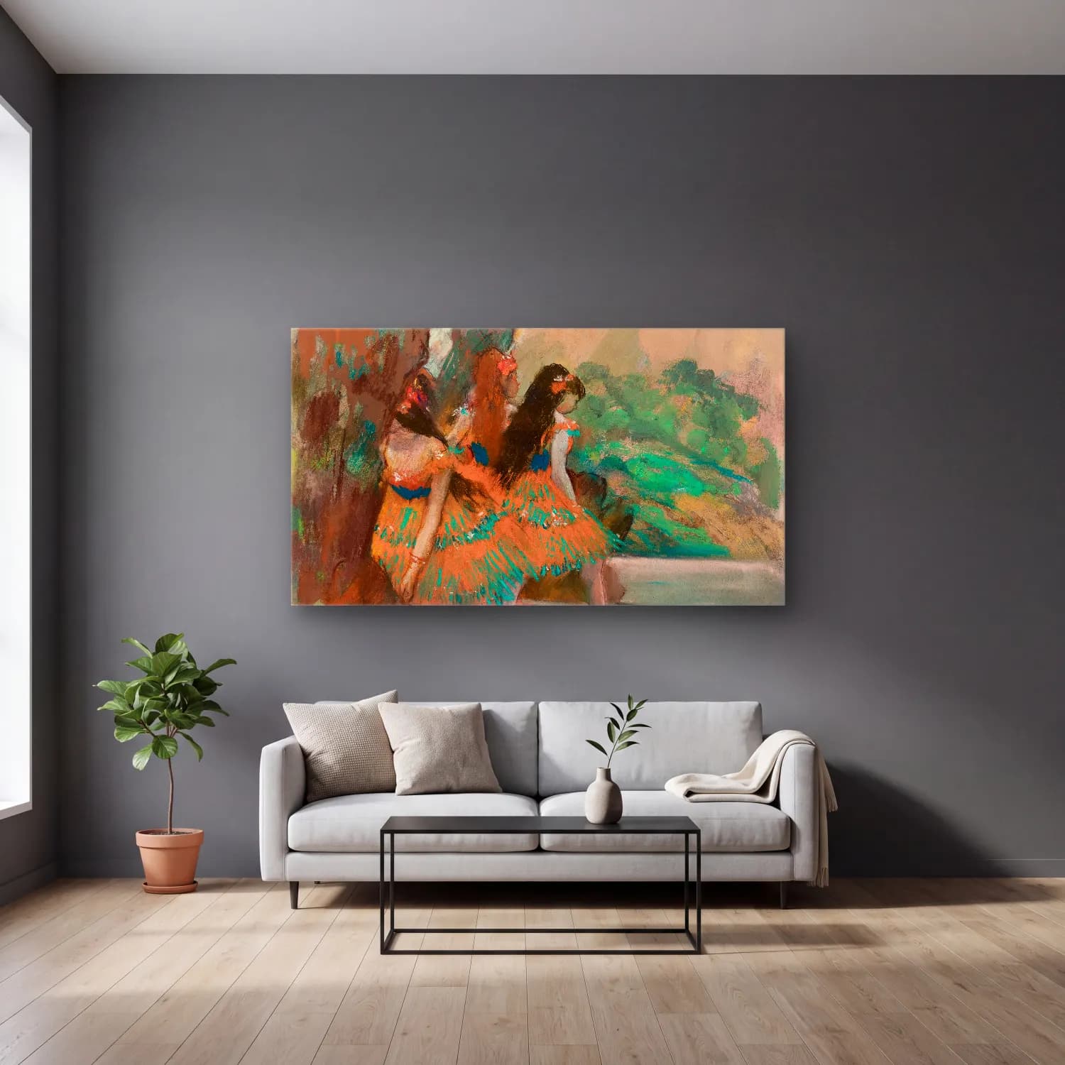 Edgar Degas – Ballet Dancers cam tablo — gri duvarlı salonda